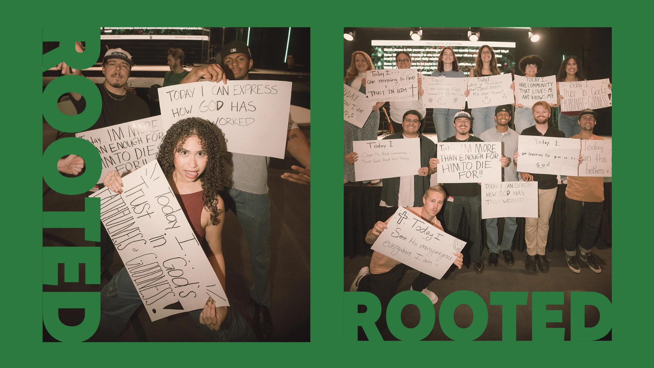 A two-panel photo collage of diverse young adults holding handwritten signs with messages of faith. The word 'ROOTED' is overlaid in large green letters.