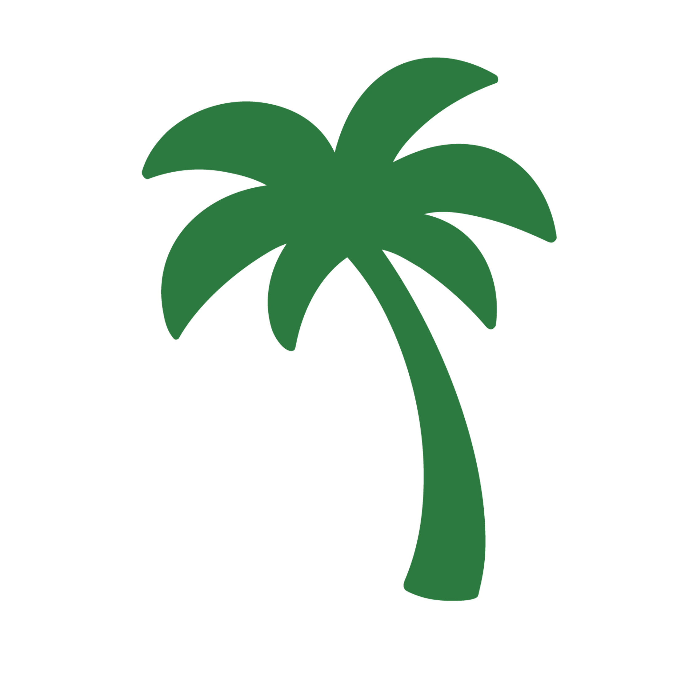A simple, dark green silhouette of a stylized palm tree with a curved trunk and leafy fronds, set against a plain white background.
