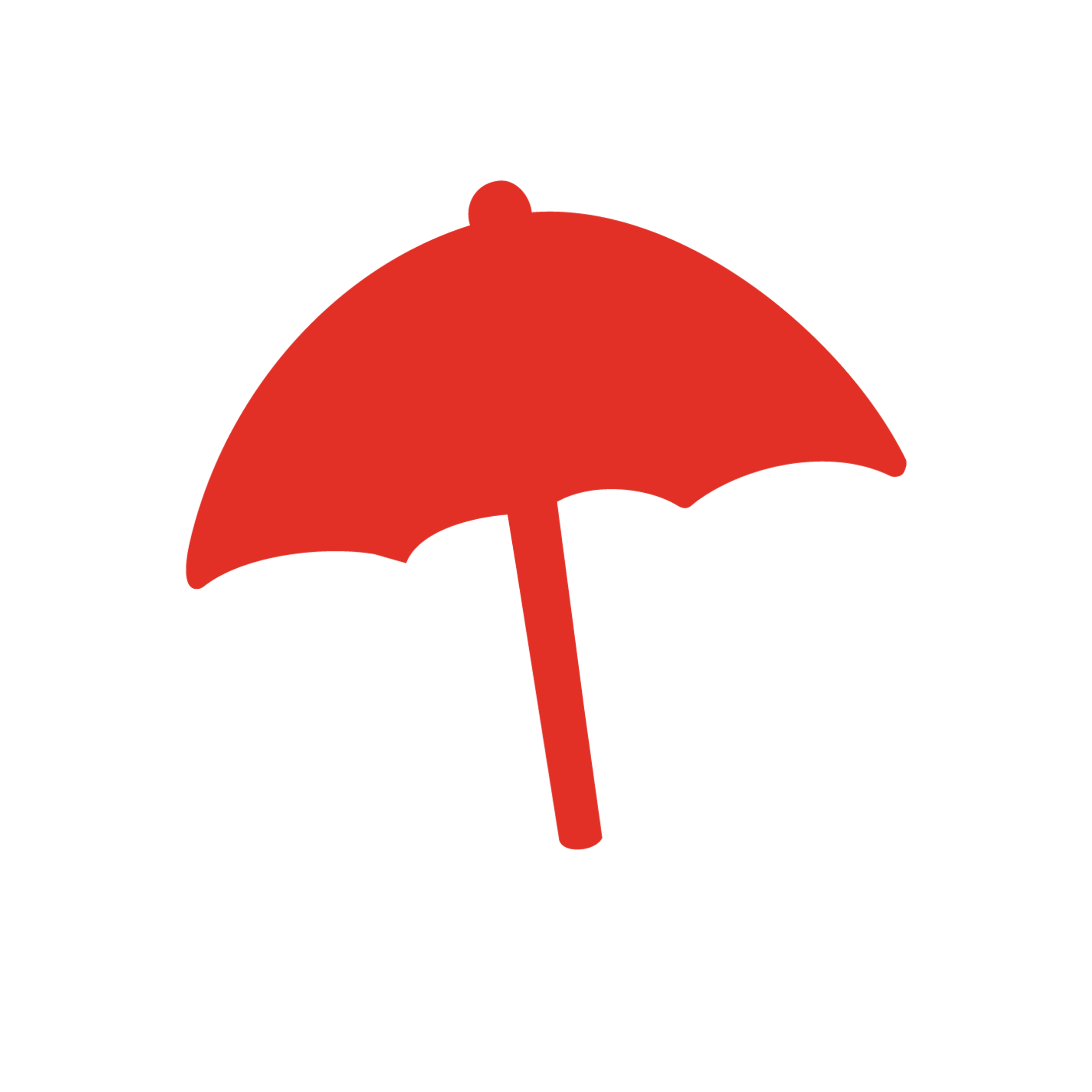 A simple, flat red icon of an open umbrella shown in silhouette against a plain white background.