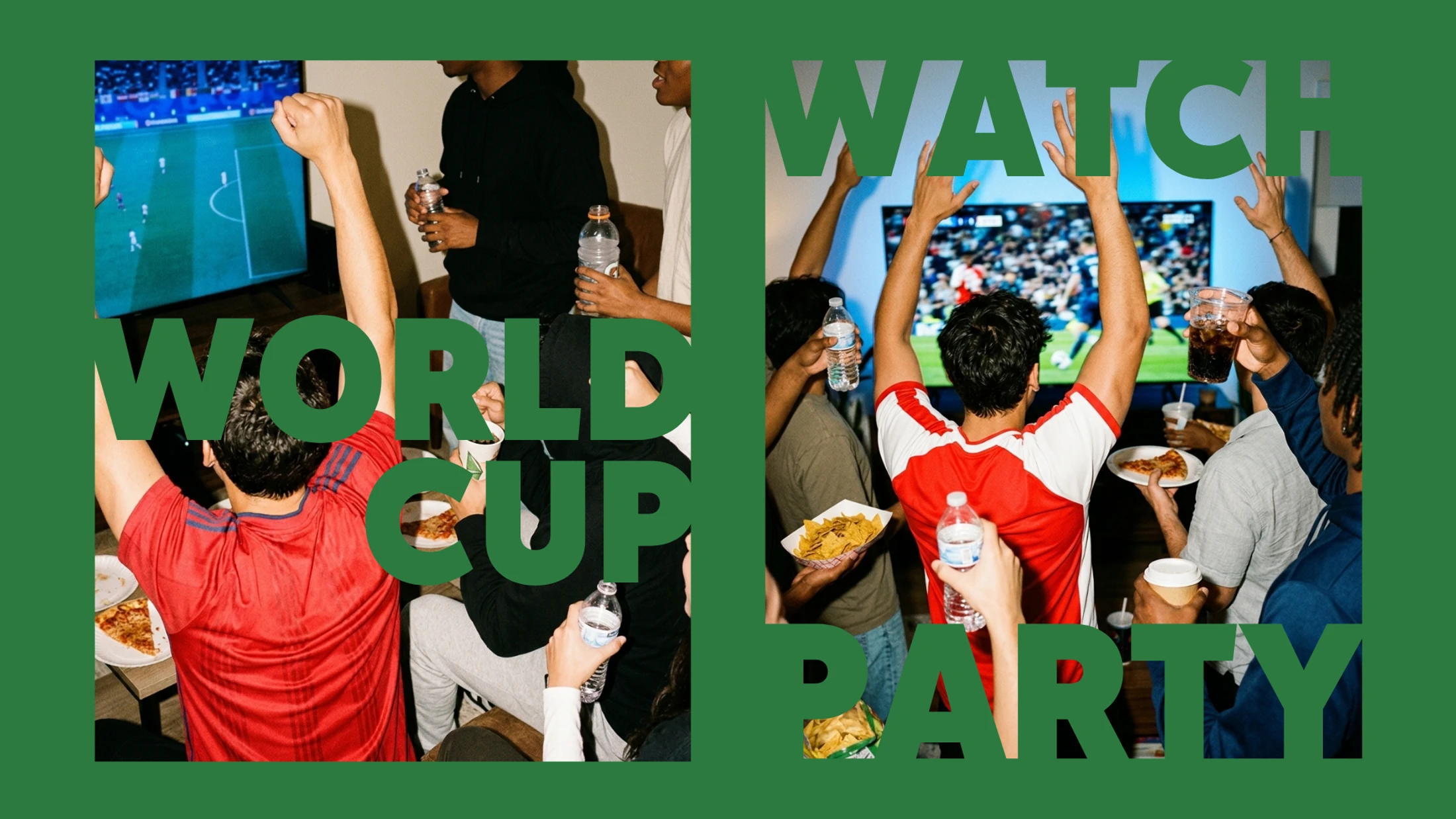 A collage of friends cheering with arms raised while watching a World Cup soccer match on TV, with pizza and snacks.