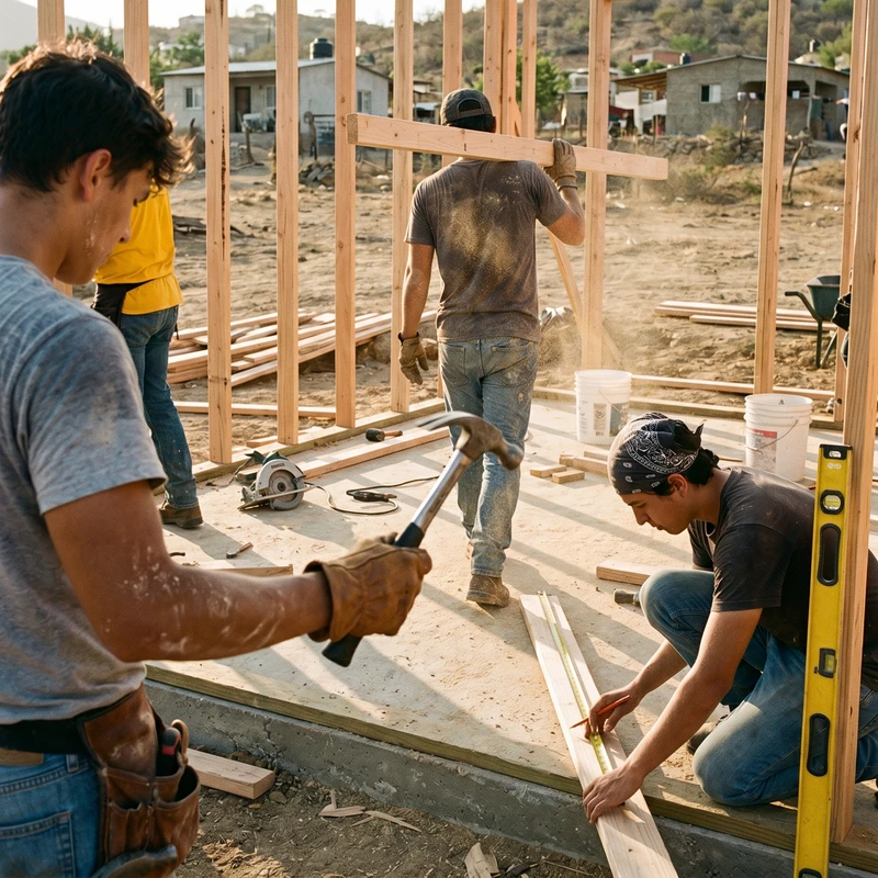 Several workers on a dusty construction site building a house. One kneels to measure wood, one holds a hammer, and another carries a wooden beam.