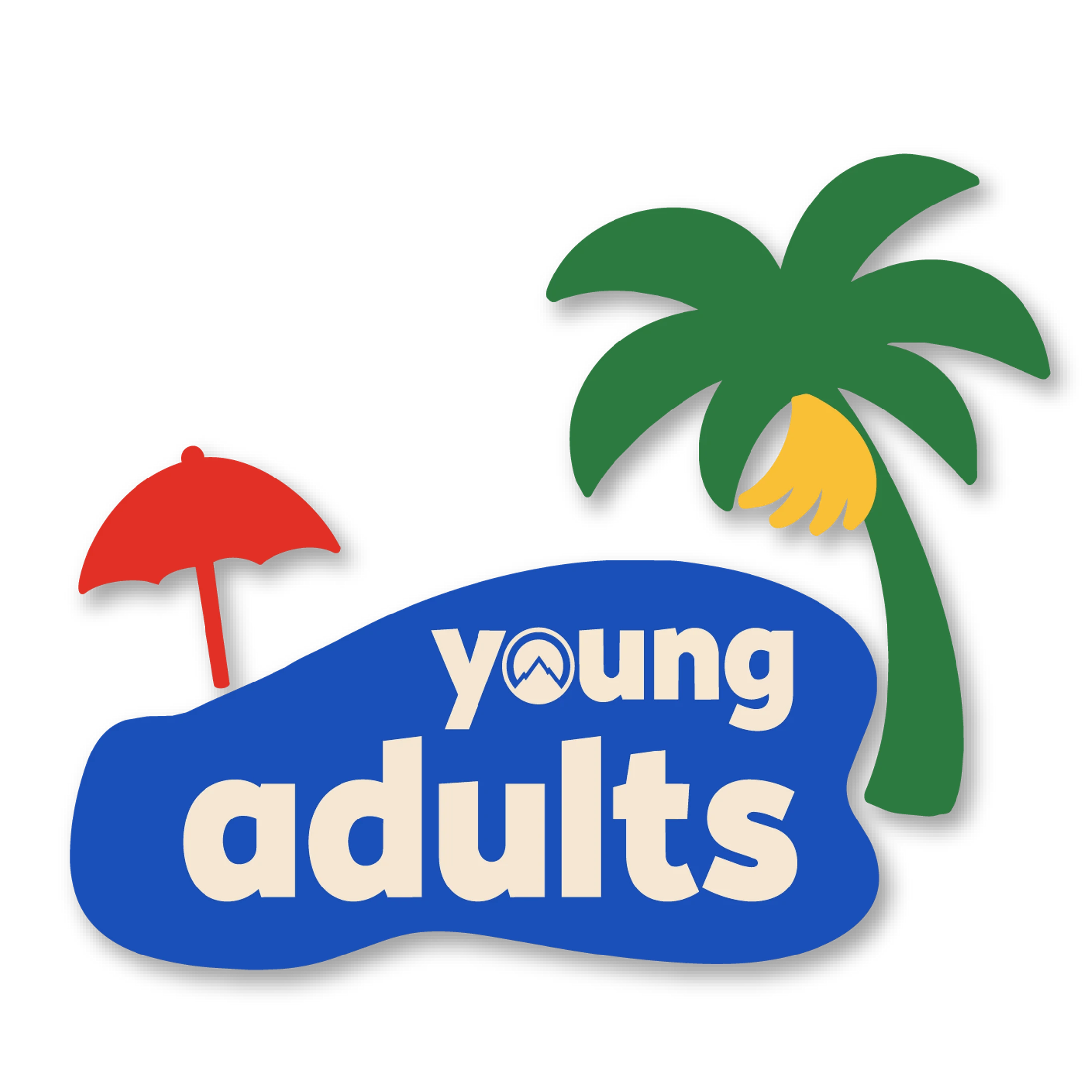 A colorful logo for a 'Young Adults' group, featuring a palm tree with bananas and a red beach umbrella against a blue background with text.