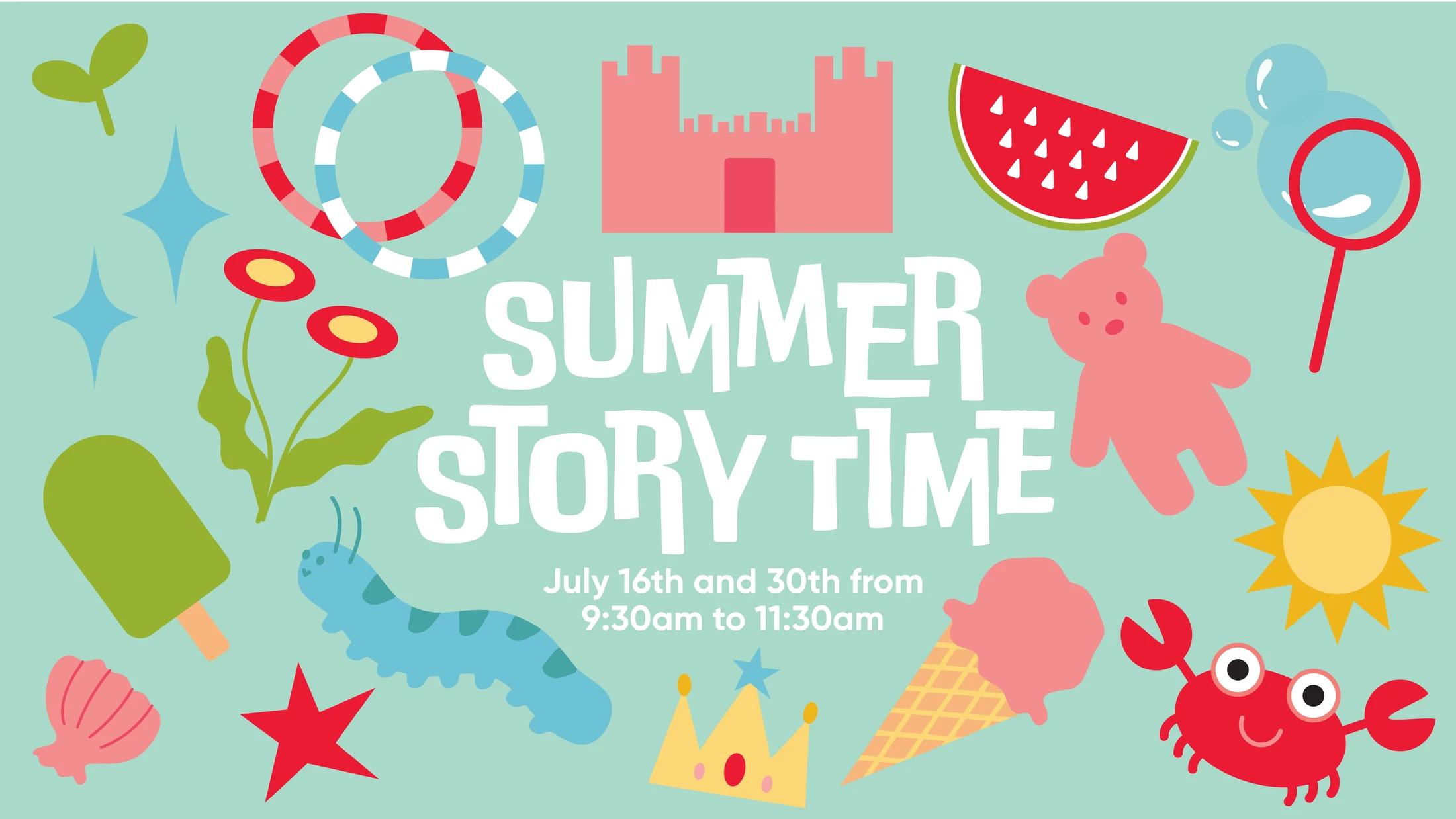 A colorful poster for a Summer Story Time event, featuring playful illustrations of a sandcastle, sun, crab, and ice cream on a light green background.
