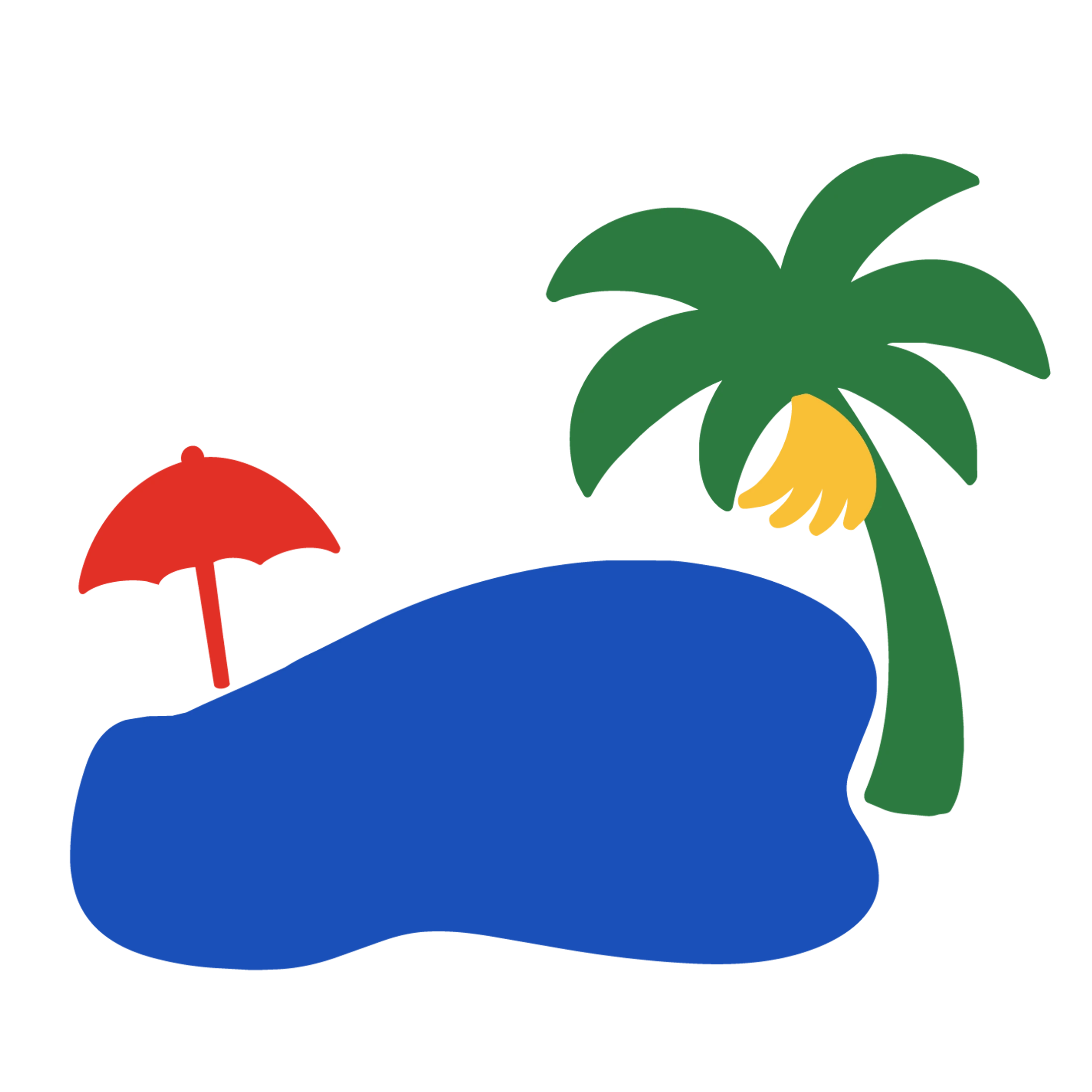 A simple illustration of a blue pool with a red umbrella and a green palm tree with yellow bananas, set against a white background.