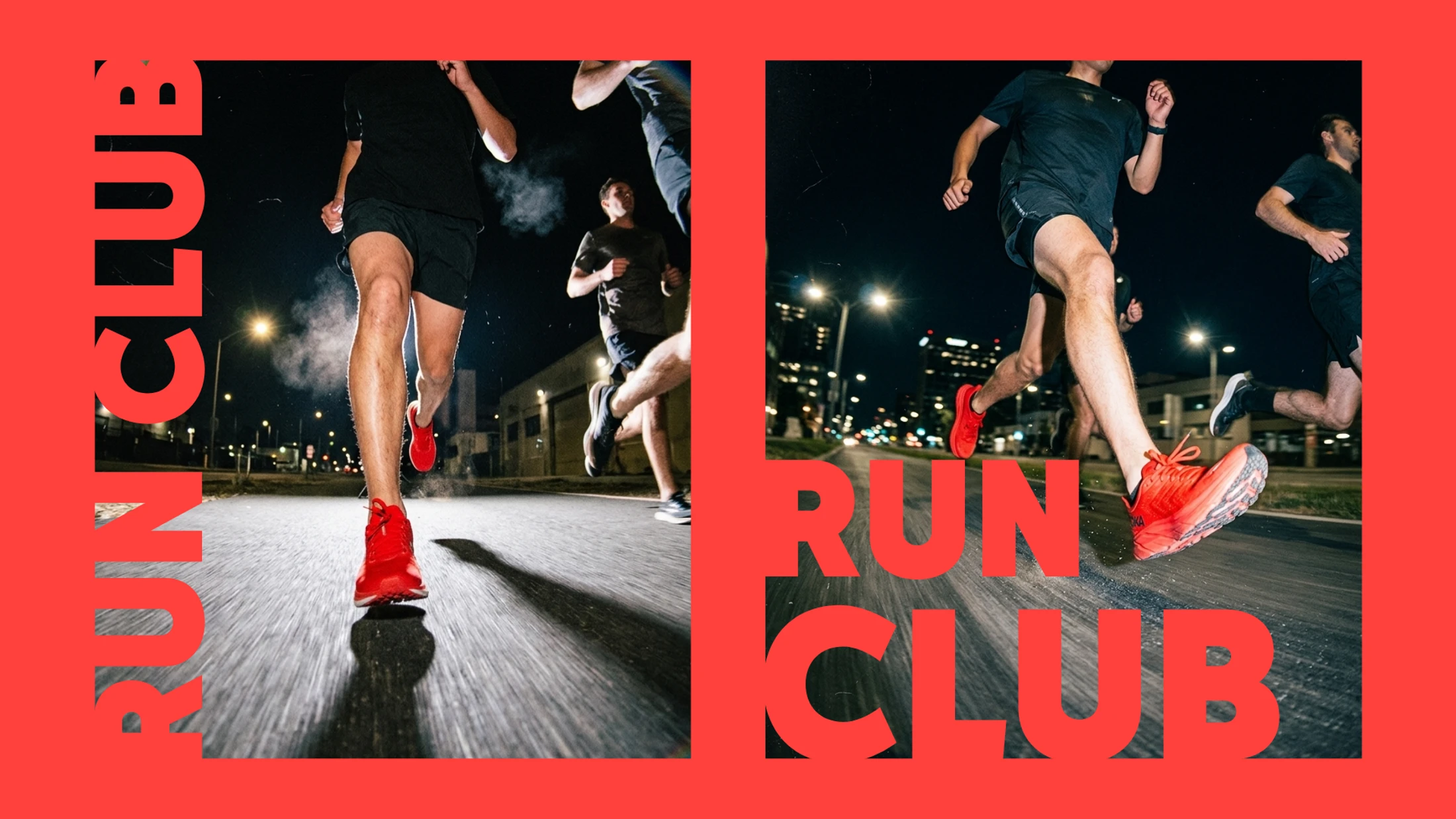 Two photos of a group running on a city street at night. Bold red text overlay reads 'RUN CLUB'. The focus is on their legs and running shoes.