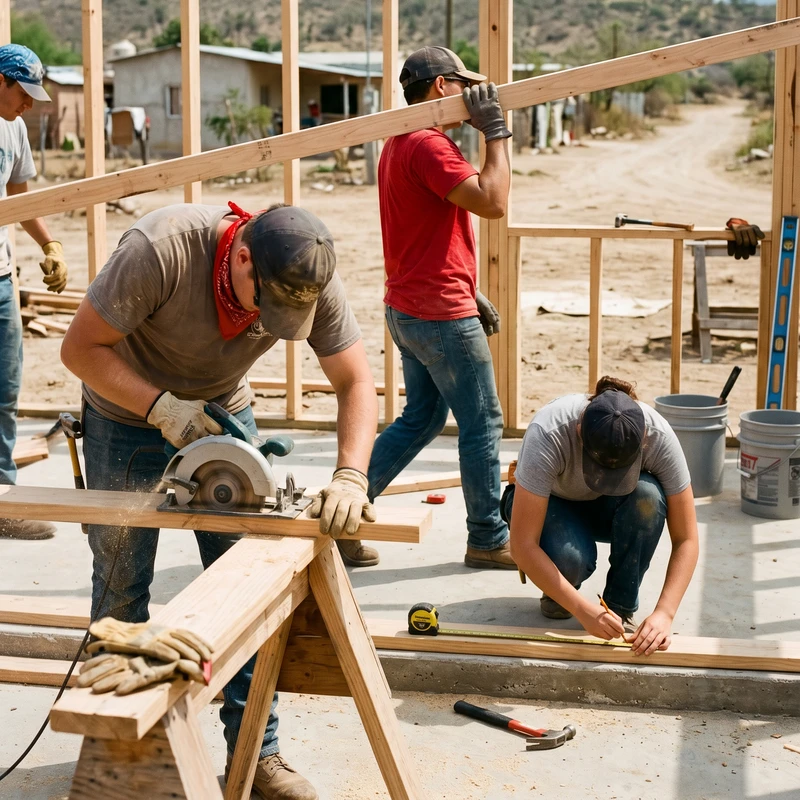 A group of volunteers builds the wooden frame for a house. One man cuts wood with a saw, another carries a beam, and a woman measures a plank.