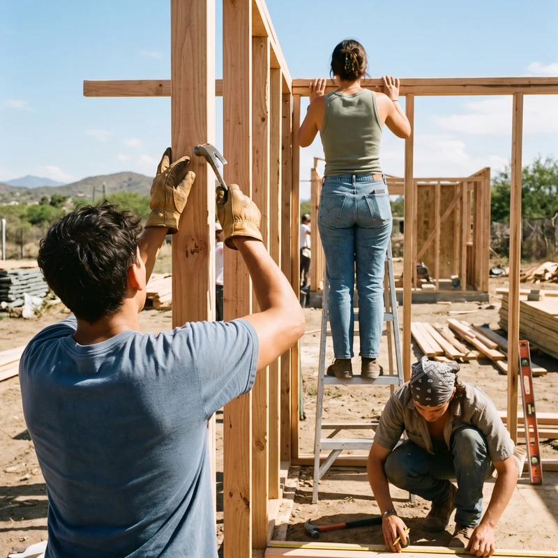 Three people work together on a sunny day to build the wooden frame of a house, hammering, measuring, and positioning beams on a construction site.