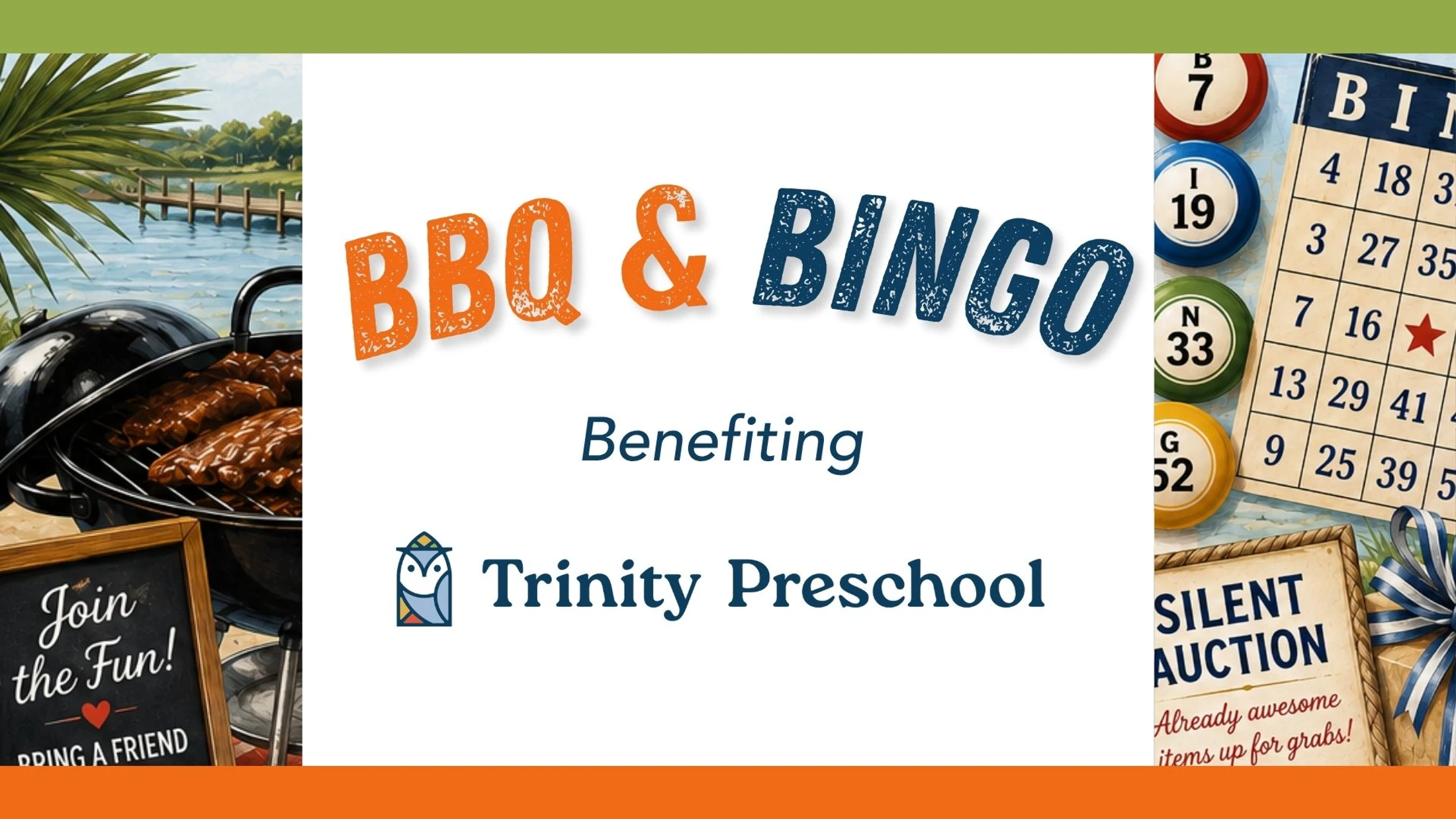 A promotional graphic for a BBQ & Bingo event benefiting Trinity Preschool, featuring images of a grill, a bingo card, and details about a silent auction.