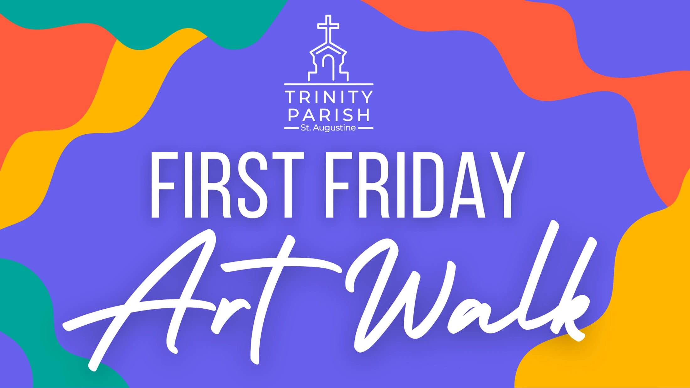 A graphic announcing the First Friday Art Walk for Trinity Parish in St. Augustine, with white text on a purple background and colorful abstract shapes.