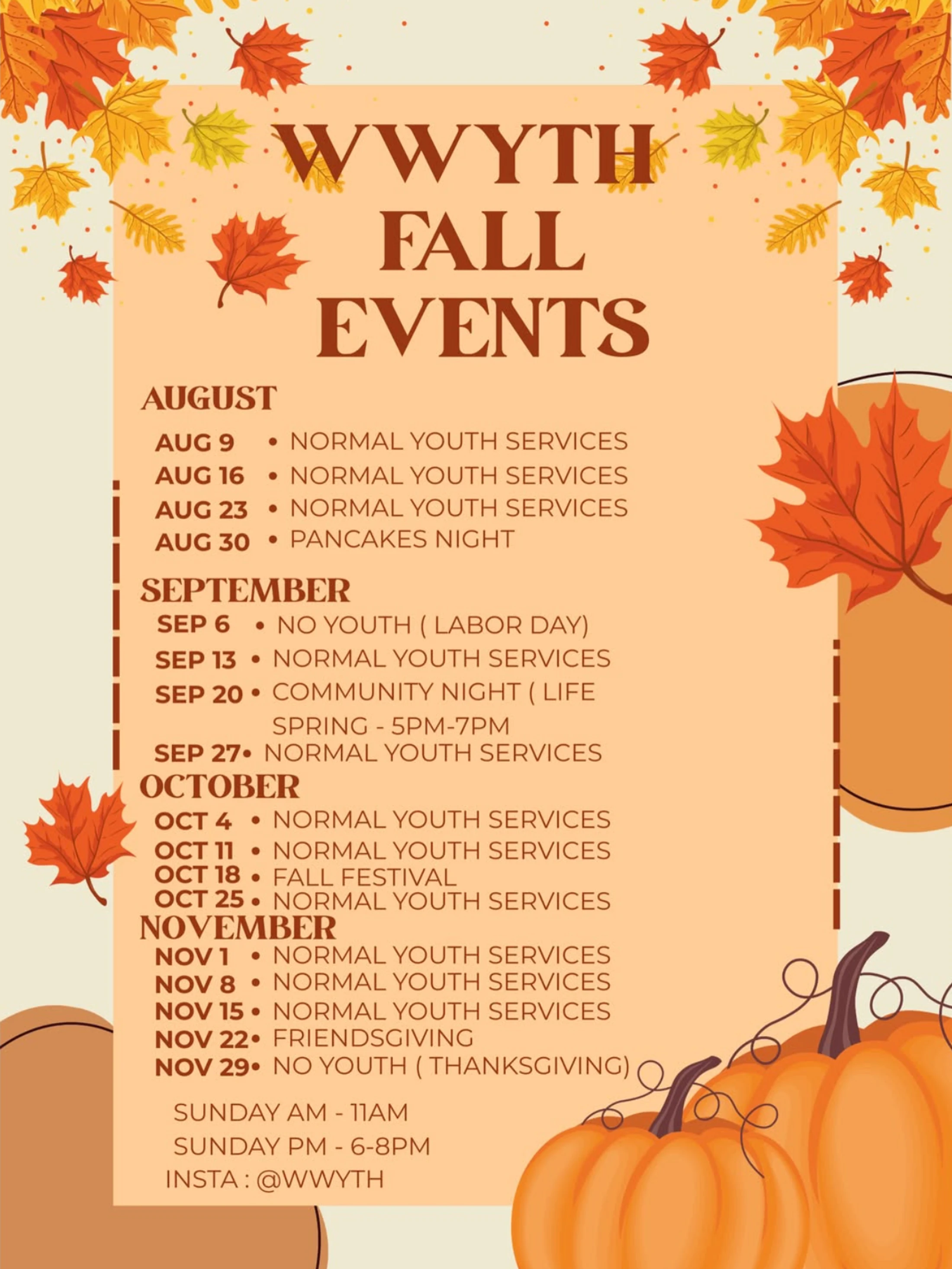 A schedule for WWYTH Fall Events from August to November. The flyer has an autumn theme with illustrations of fall leaves and pumpkins.