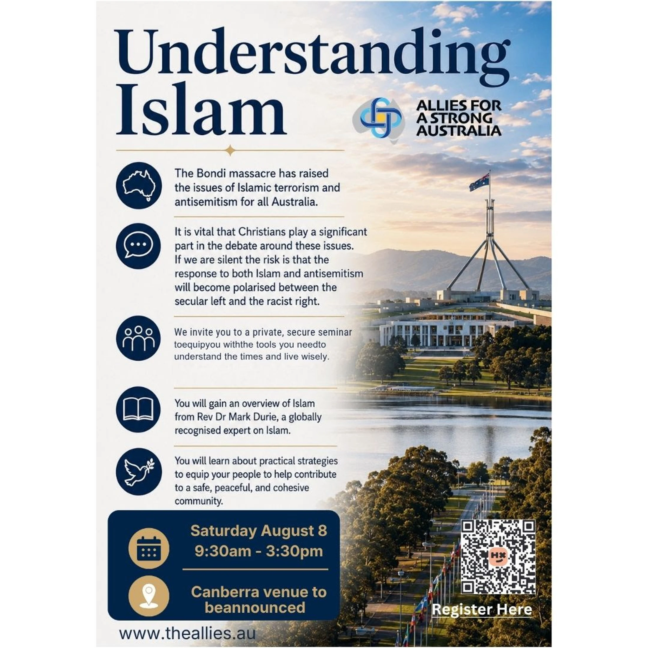 A promotional flyer for a seminar titled 'Understanding Islam' with the Australian Parliament House in the background. Event details are listed on the left.