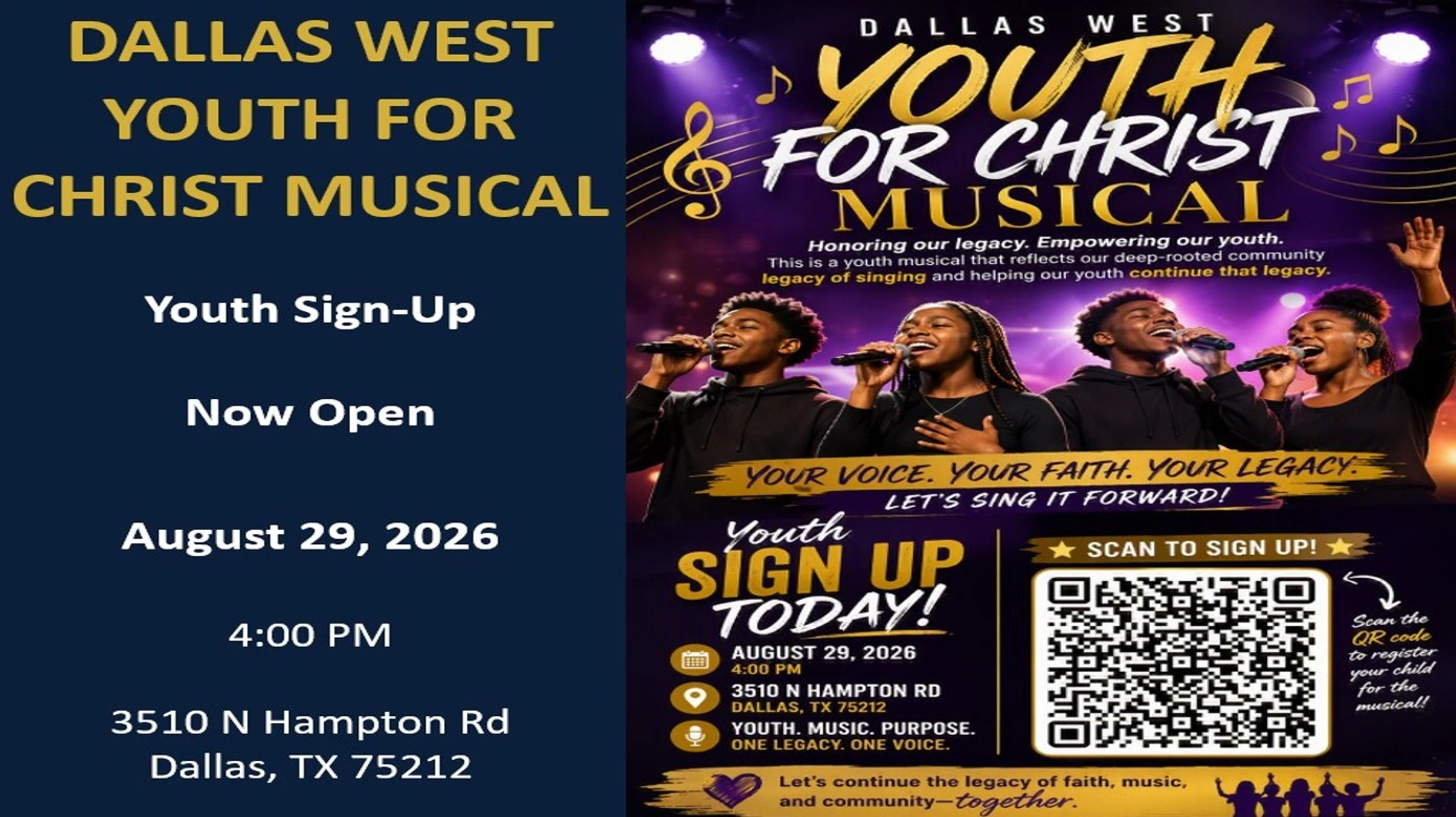 A flyer for the Dallas West Youth for Christ Musical on August 29, 2026. It features four young Black singers on stage and includes a QR code for sign-ups.