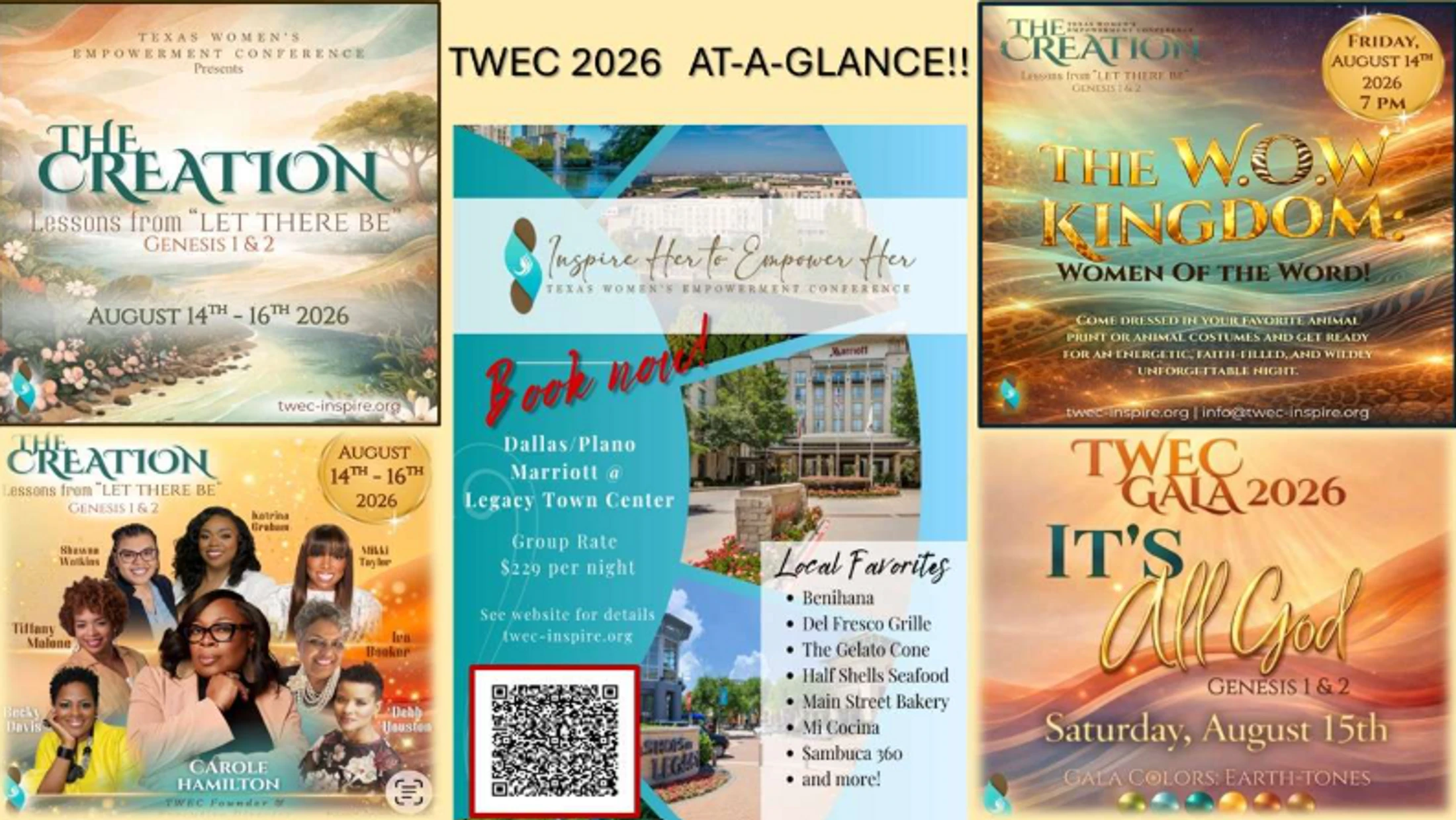A collage of promotional flyers for the Texas Women's Empowerment Conference 2026, detailing speakers, event themes, dates, and venue information.
