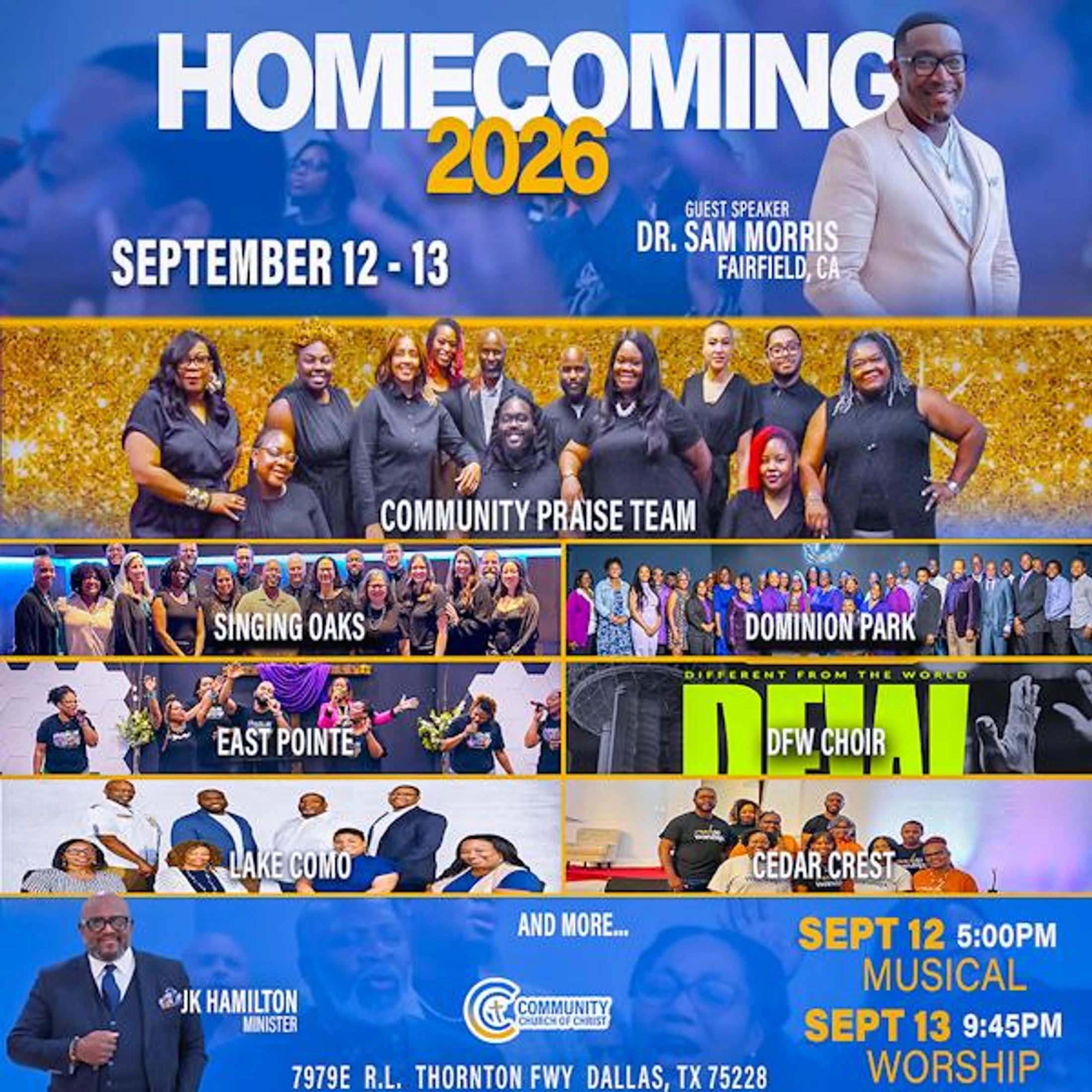 A promotional flyer for a church event called Homecoming 2026, featuring photos of various choirs, praise teams, and the guest speaker, Dr. Sam Morris.