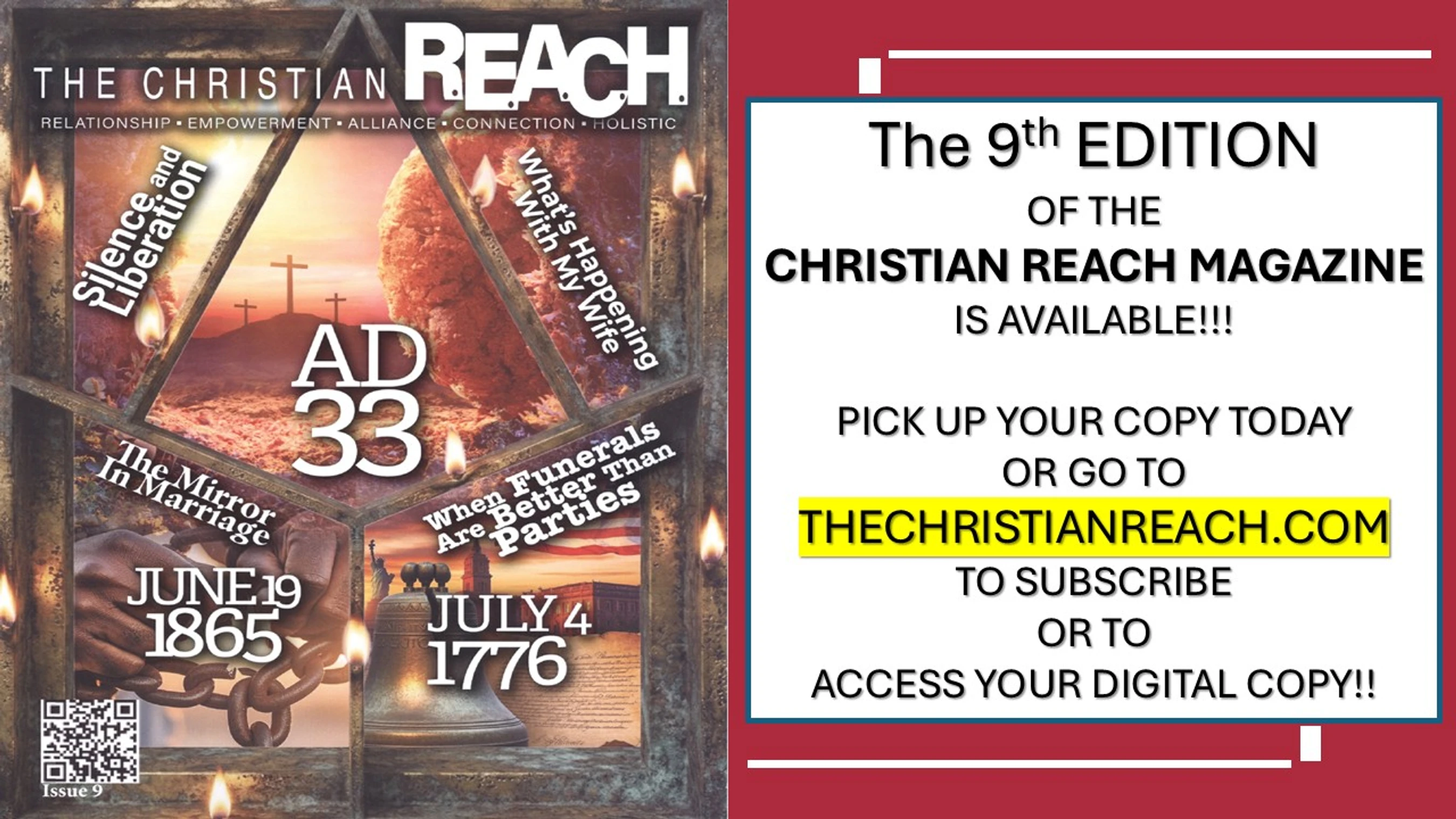 Advertisement for The Christian Reach Magazine's 9th edition, showing the cover with historical and religious imagery and subscription information.