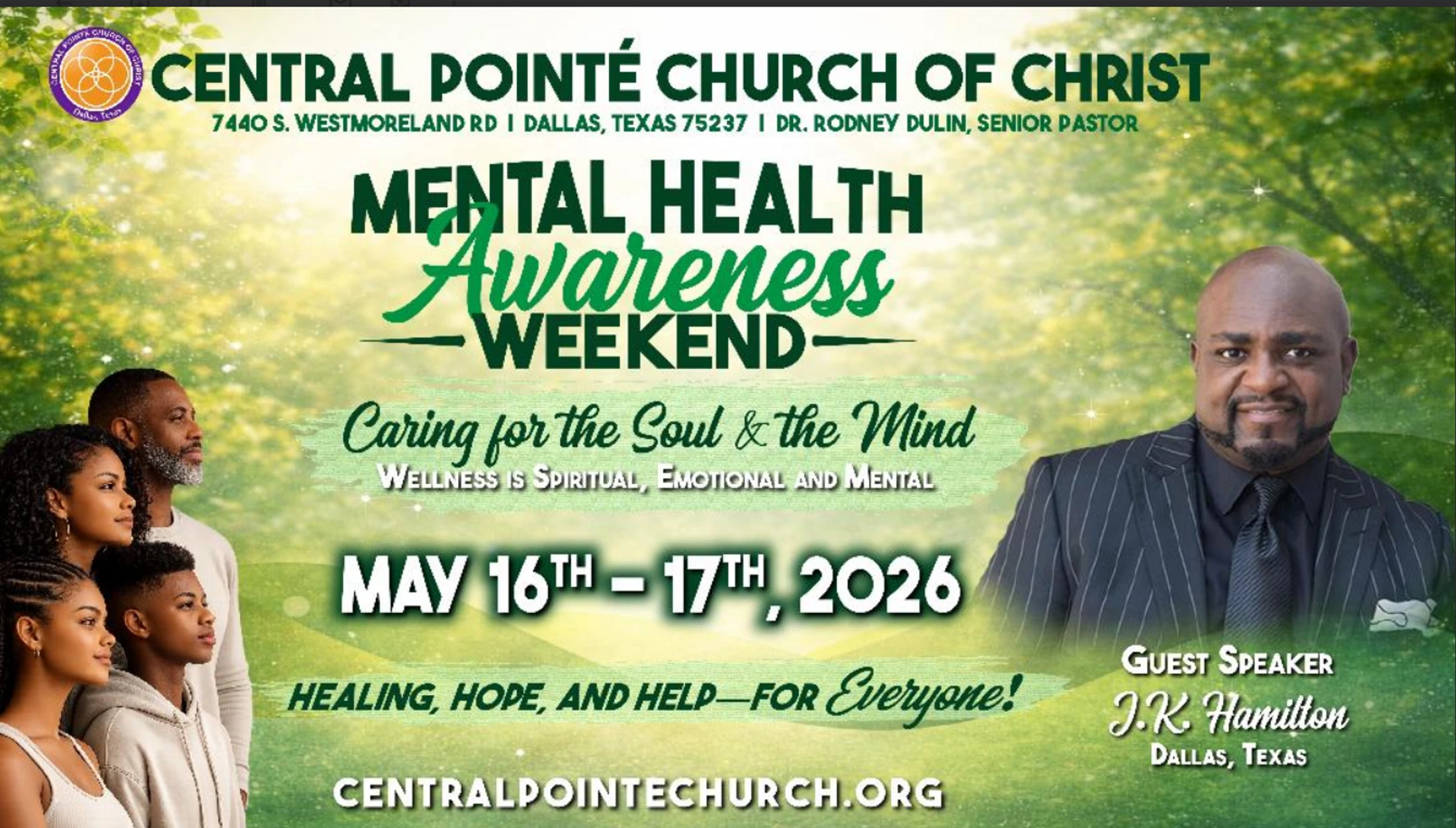 Flyer for a Mental Health Awareness Weekend on May 16-17, 2026. Features a family and guest speaker J.K. Hamilton against a green leafy background.