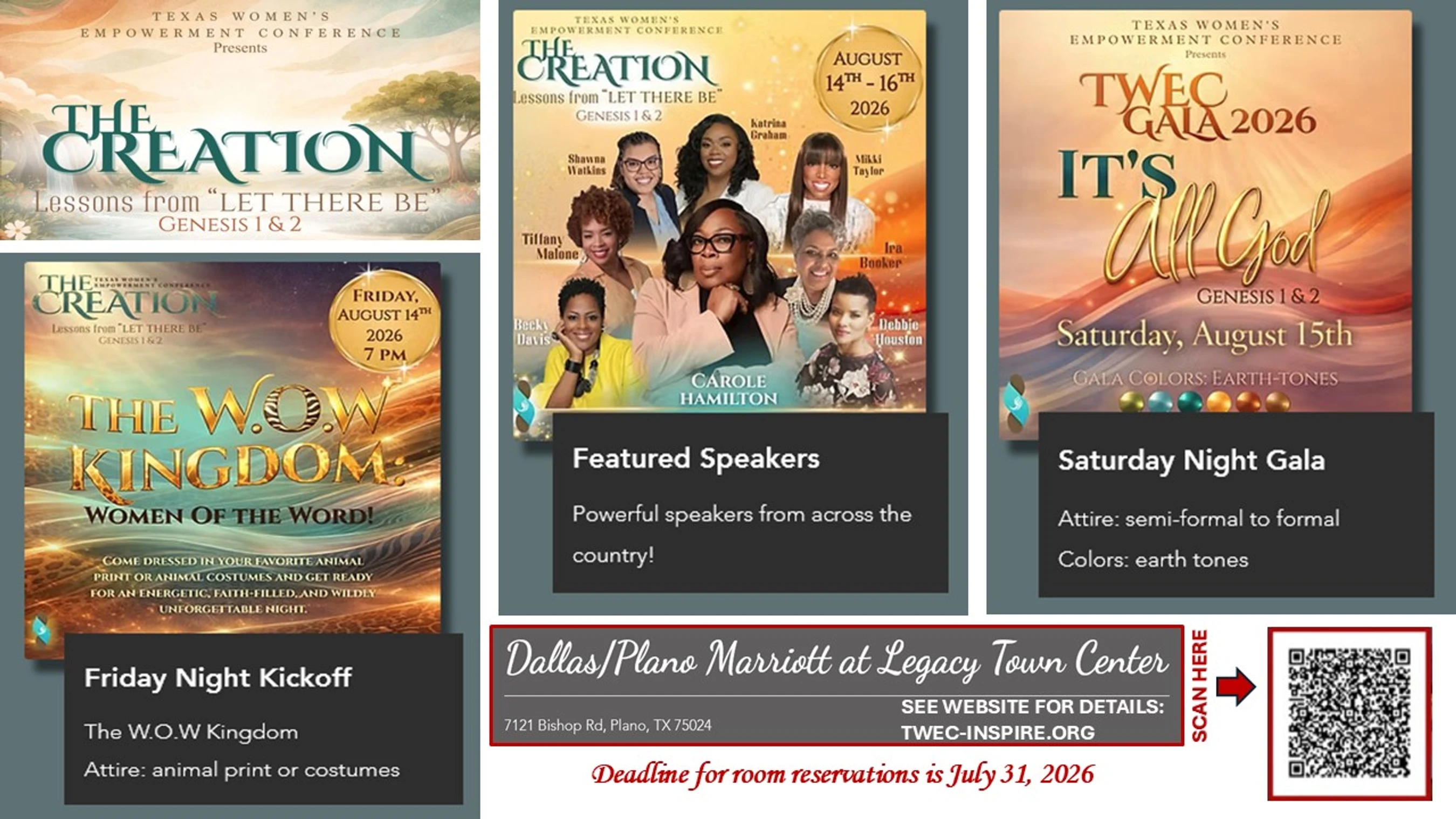 A promotional flyer for the Texas Women's Empowerment Conference in August 2026, detailing events, featured speakers, location, and dates.