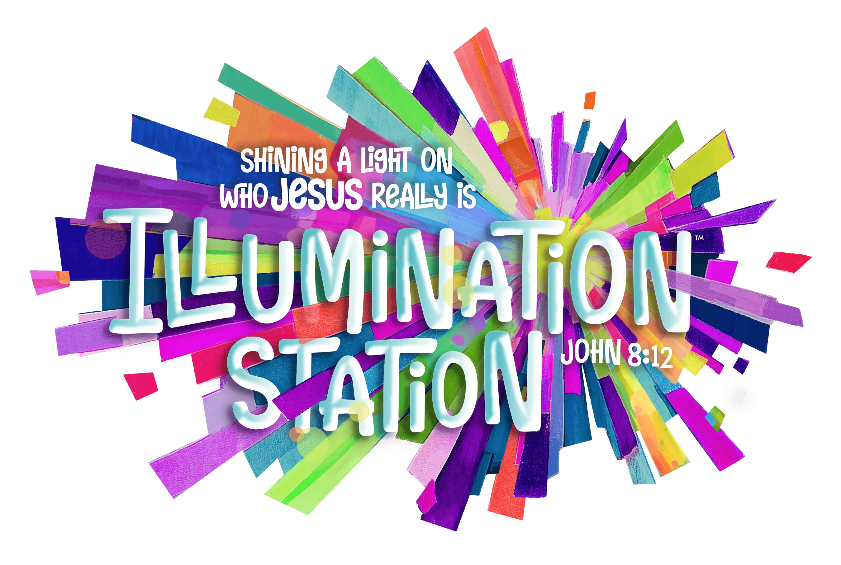 A colorful logo for 'Illumination Station' with the text 'Shining a Light on Who Jesus Really Is' and 'John 8:12' on a multicolored abstract background.