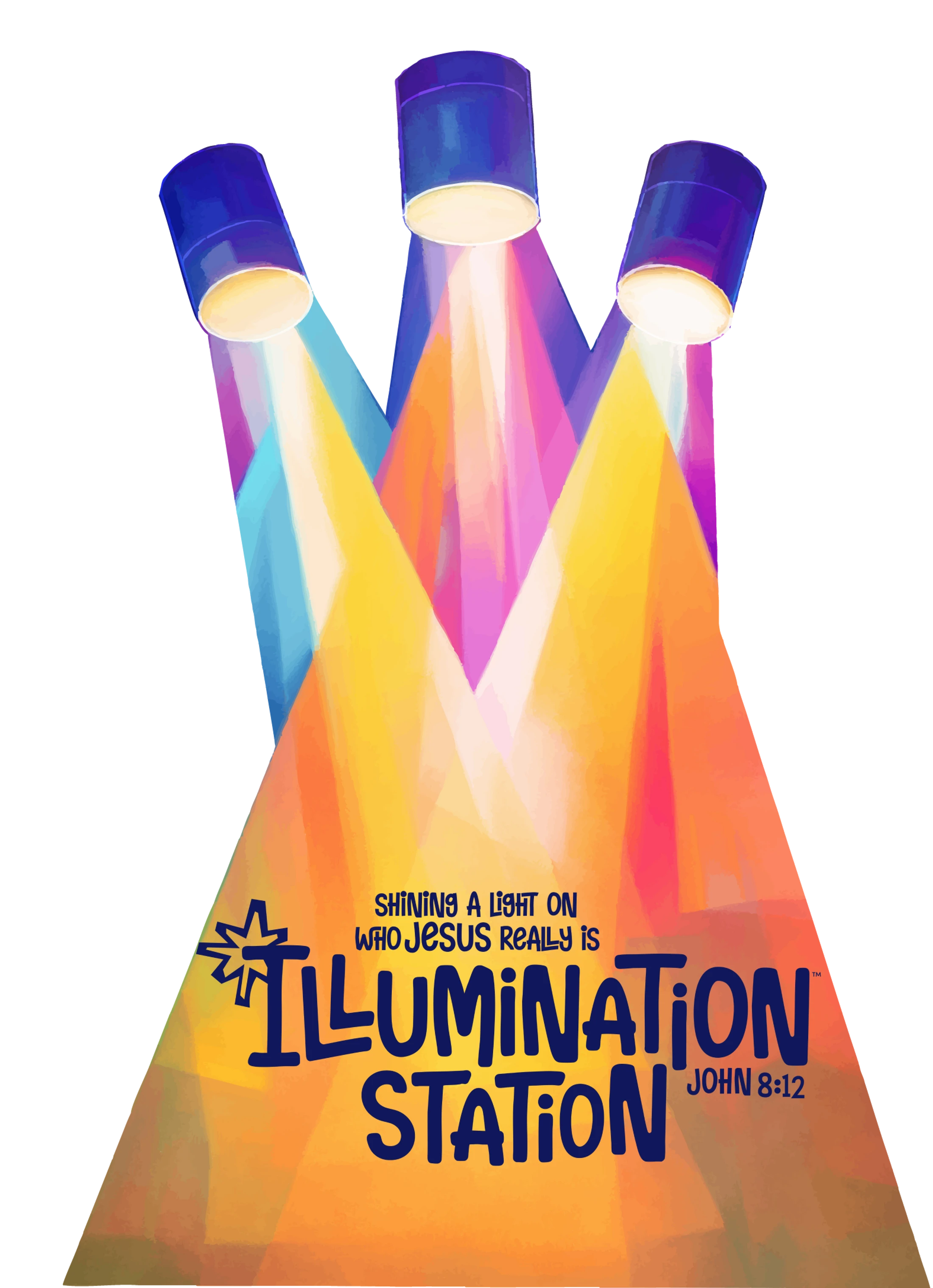 Logo for Illumination Station featuring three spotlights shining colorful beams of light. The text reads 'Shining a light on who Jesus really is, John 8:12'.