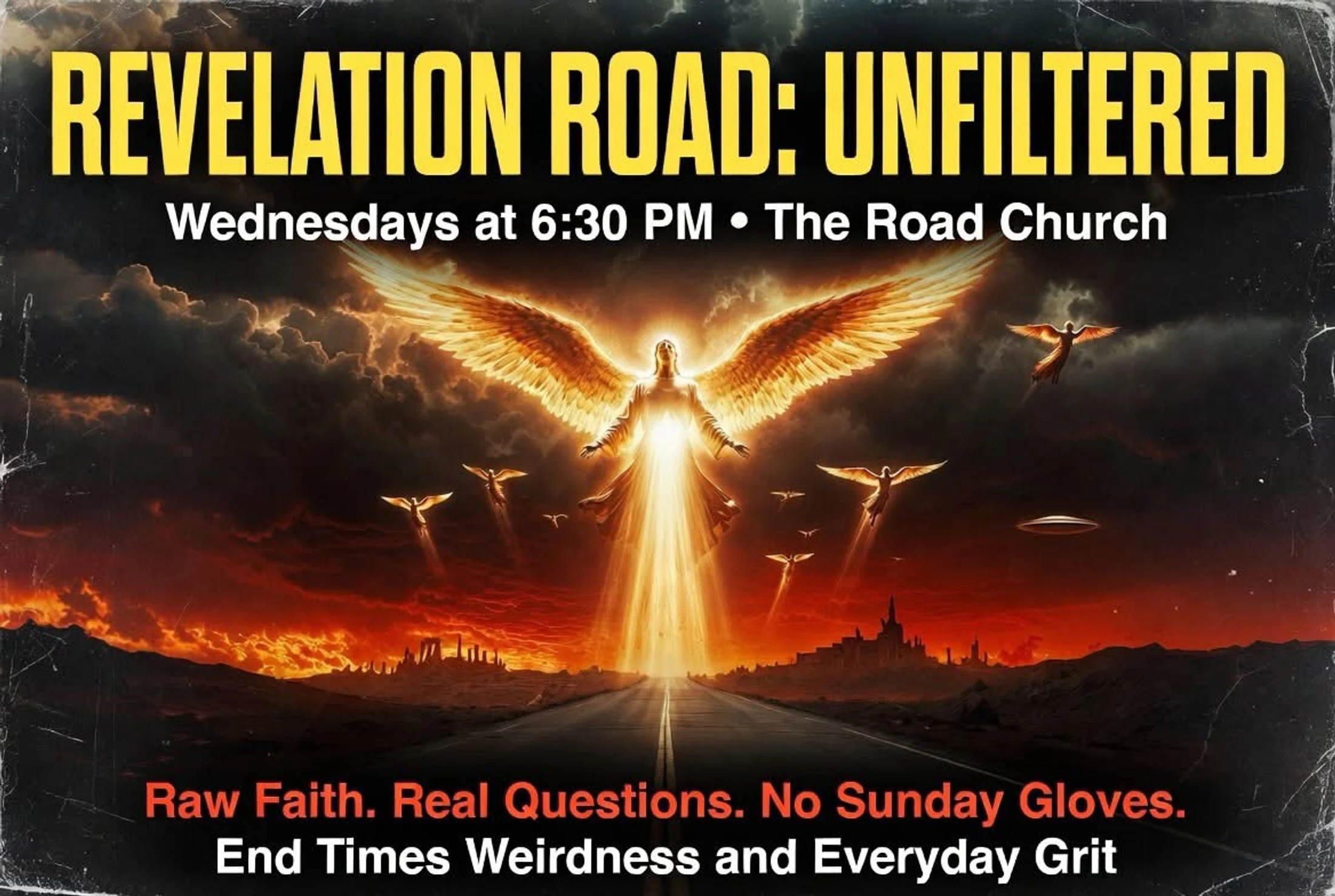 Promotional graphic for Revelation Road: Unfiltered. A large, glowing angel descends over a road with a fiery, apocalyptic sky and ruined cities.