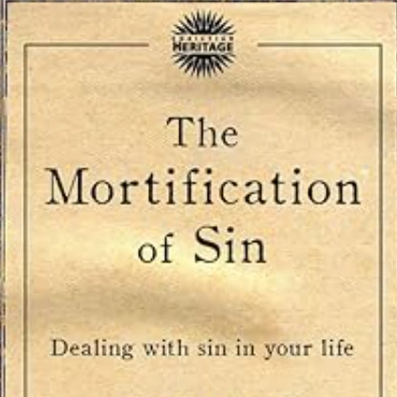 The book cover for 'The Mortification of Sin.' The title is in a dark serif font on a light brown, textured background with a Christian Heritage logo.