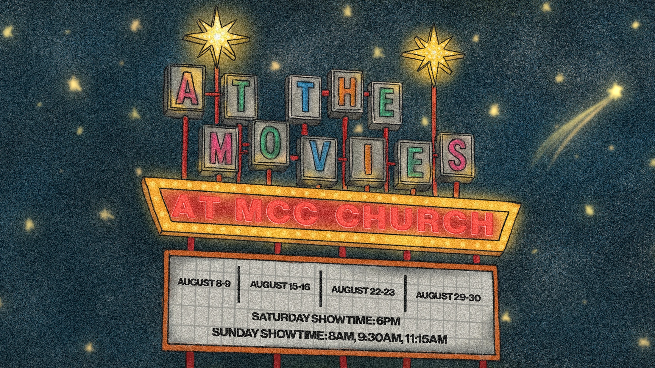 A retro movie theater marquee sign against a starry night sky, advertising an 'At the Movies' event at MCC Church with showtimes for weekends in August.