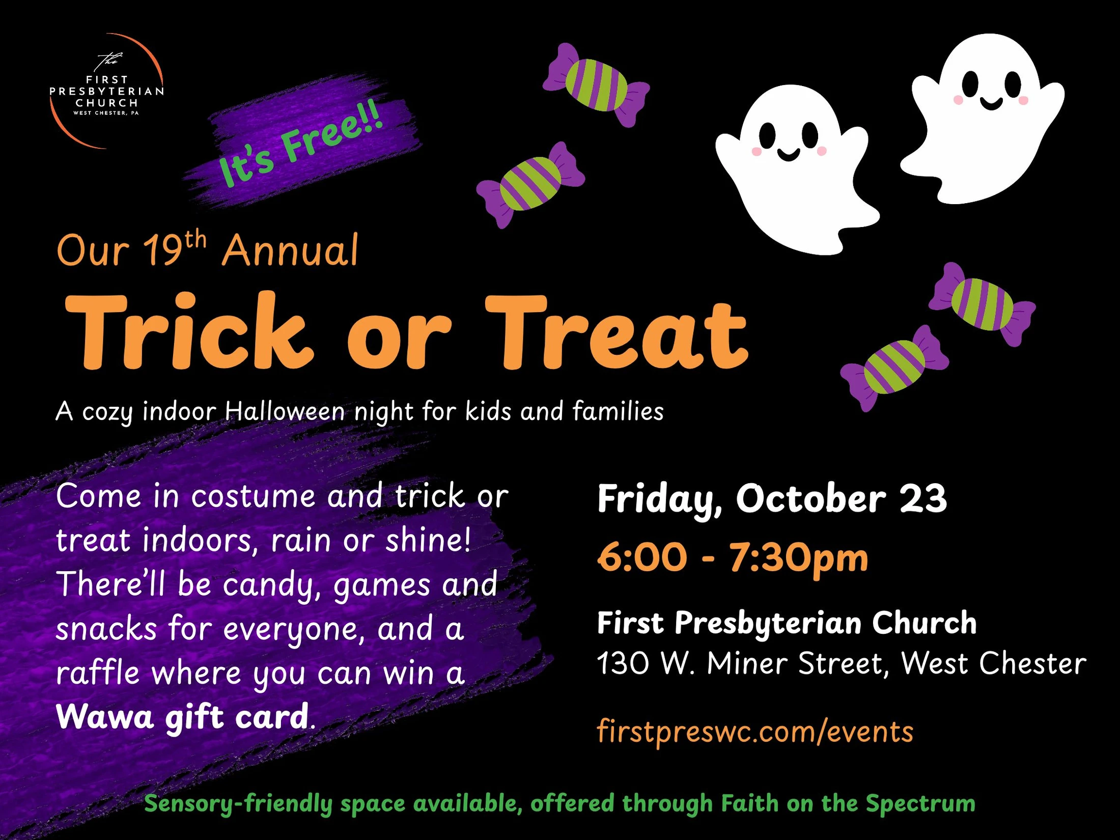 Flyer for a free indoor Trick or Treat on Oct. 23, with cartoon ghosts. Details include candy, games, and a raffle at First Presbyterian Church, West Chester.