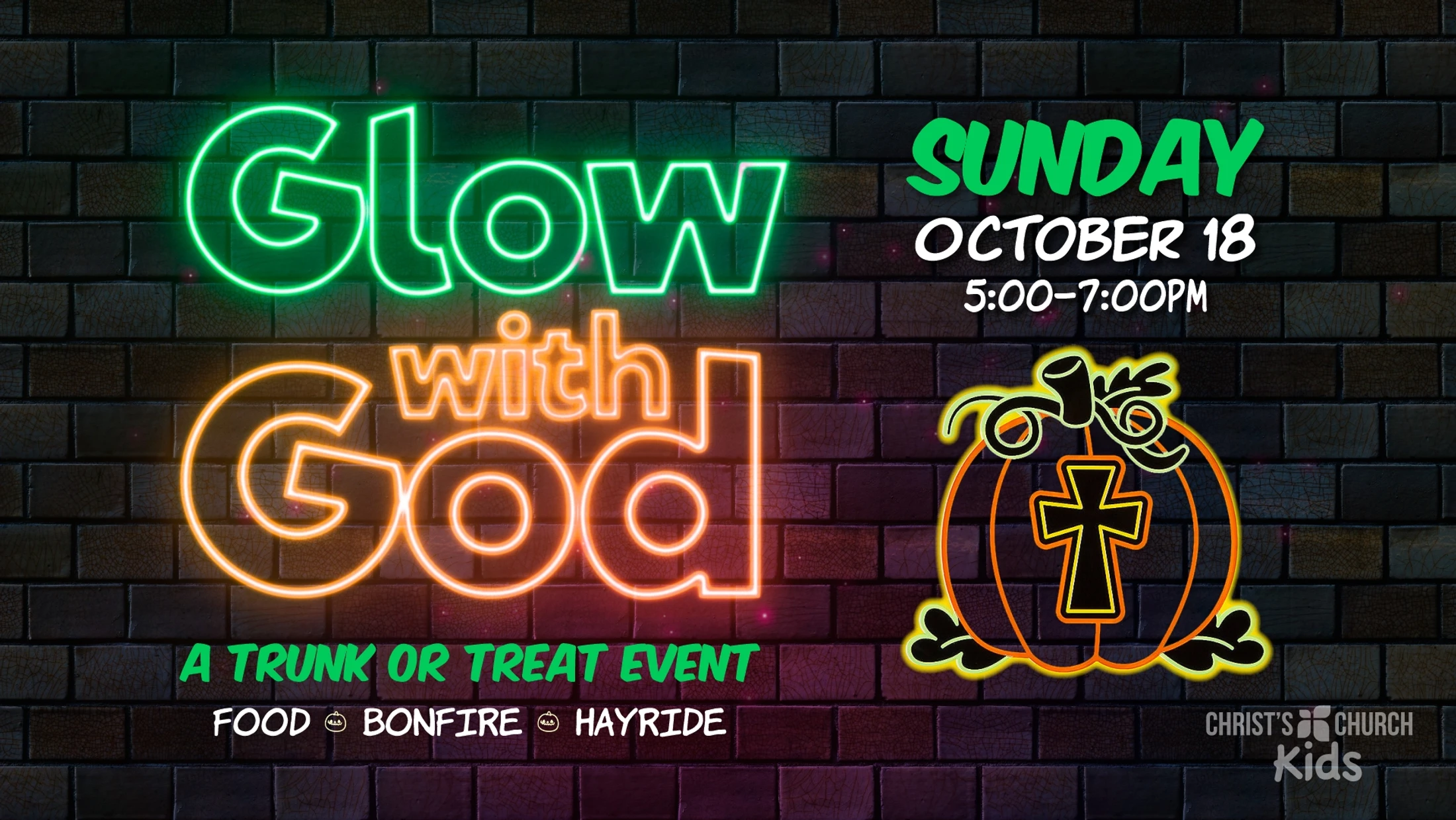 A promotional graphic for a 'Glow with God' trunk or treat event, with neon text and a pumpkin with a cross on a dark brick wall background.
