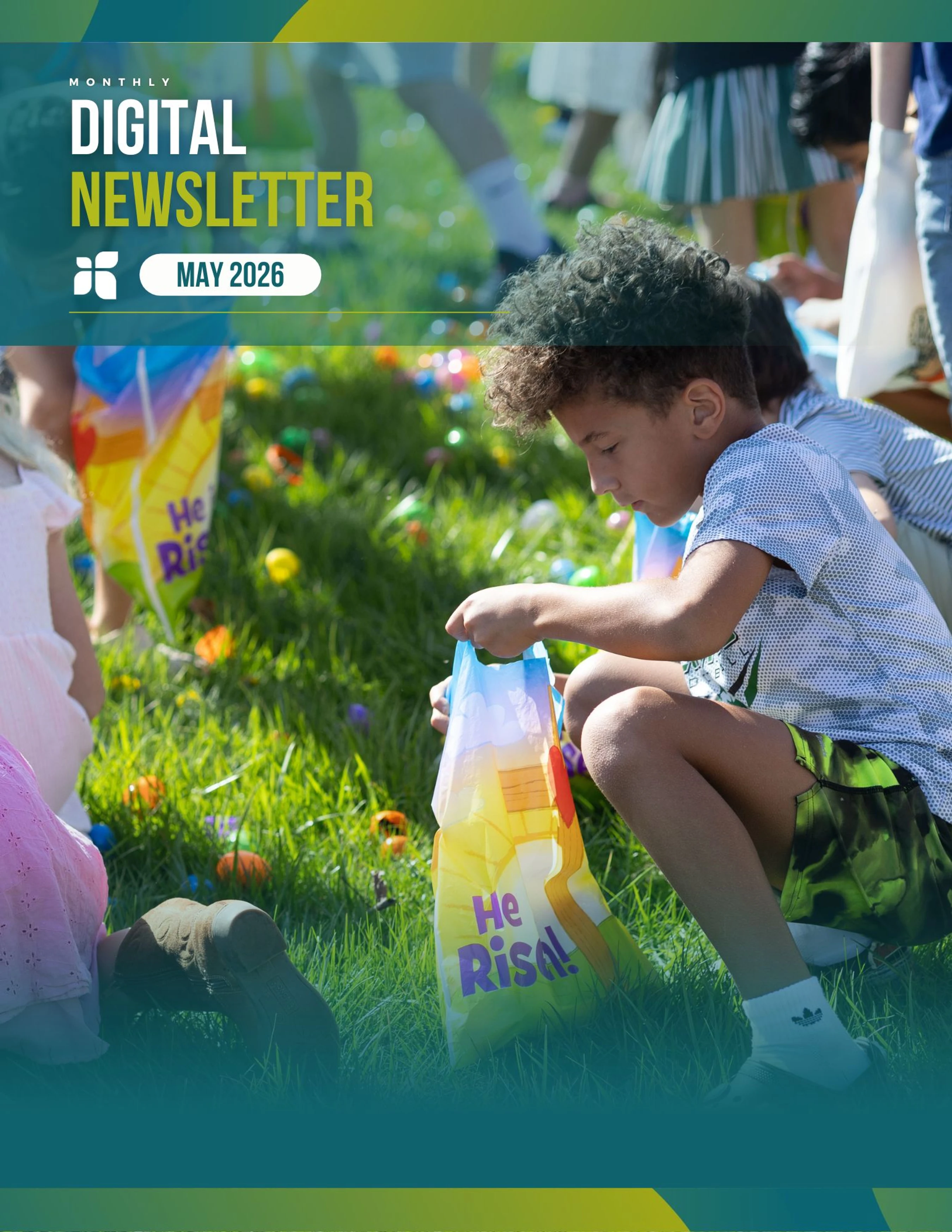 A young boy with curly hair kneels on green grass, collecting colorful plastic eggs in a bag during an Easter egg hunt, for a May newsletter cover.