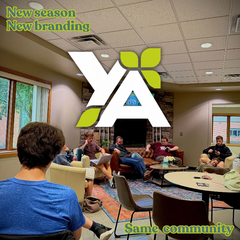 A group of young adults are gathered in a cozy lounge, sitting on couches and chairs. A large 'YA' logo is overlaid with text reading 'New season New branding'.