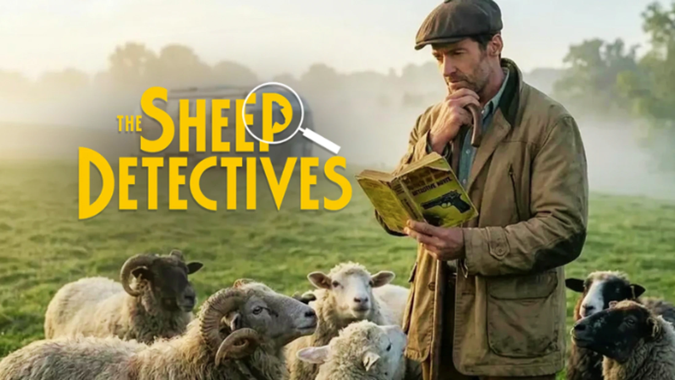 A man in a flat cap reads a detective novel in a misty field surrounded by a flock of sheep, with the title 'The Sheep Detectives' overlaid.