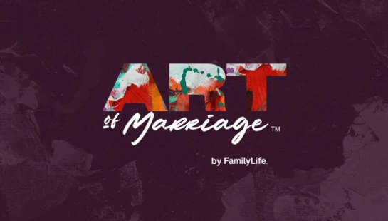 The logo for "Art of Marriage by FamilyLife" on a dark purple, textured background. The word ART is filled with a colorful, abstract painting.