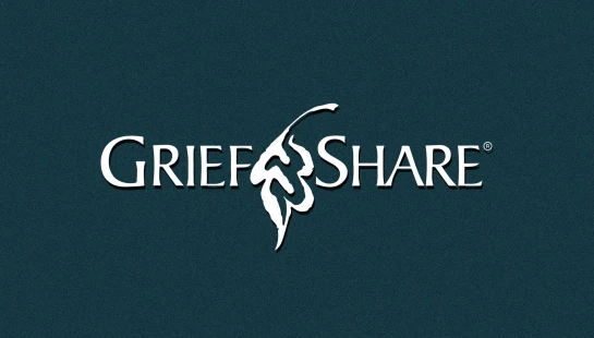 The white GriefShare logo on a dark teal, textured background. An abstract leaf-like figure is between the words 'Grief' and 'Share'.