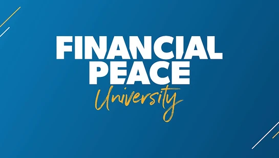 The Financial Peace University logo on a blue background. The words 'Financial Peace' are in white block letters above the word 'University' in gold script.