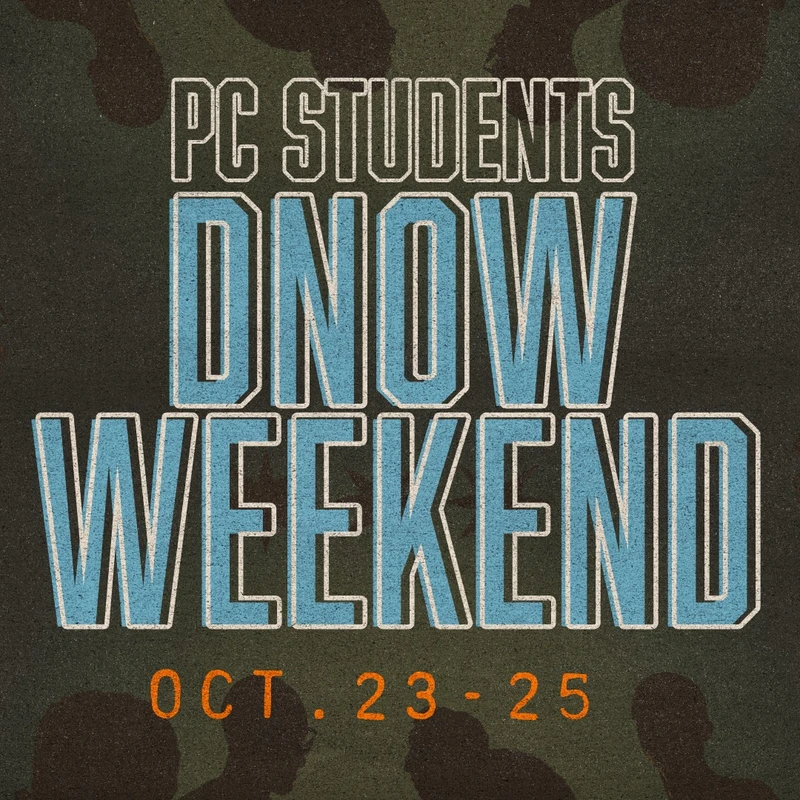 A graphic for a student event titled "DNOW Weekend" on October 23-25, set against a dark camouflage background with orange Christian symbols in the corners.