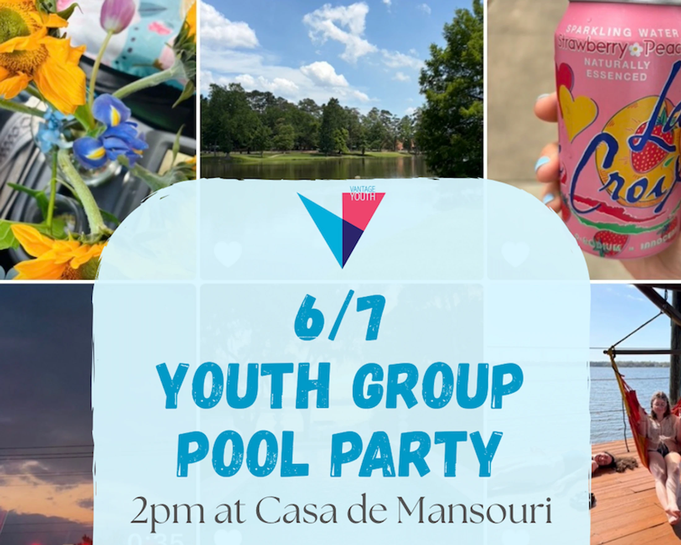 An event announcement for a Youth Group Pool Party on 6/7. The background is a collage of summer-themed photos including flowers, a lake, and people on a dock.