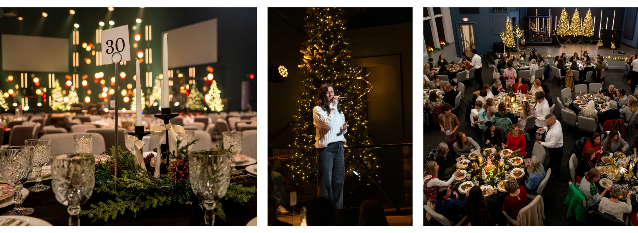 A collage of three photos from a Christmas event: a close-up of a decorated table, a woman singing on stage, and an overhead view of guests dining.