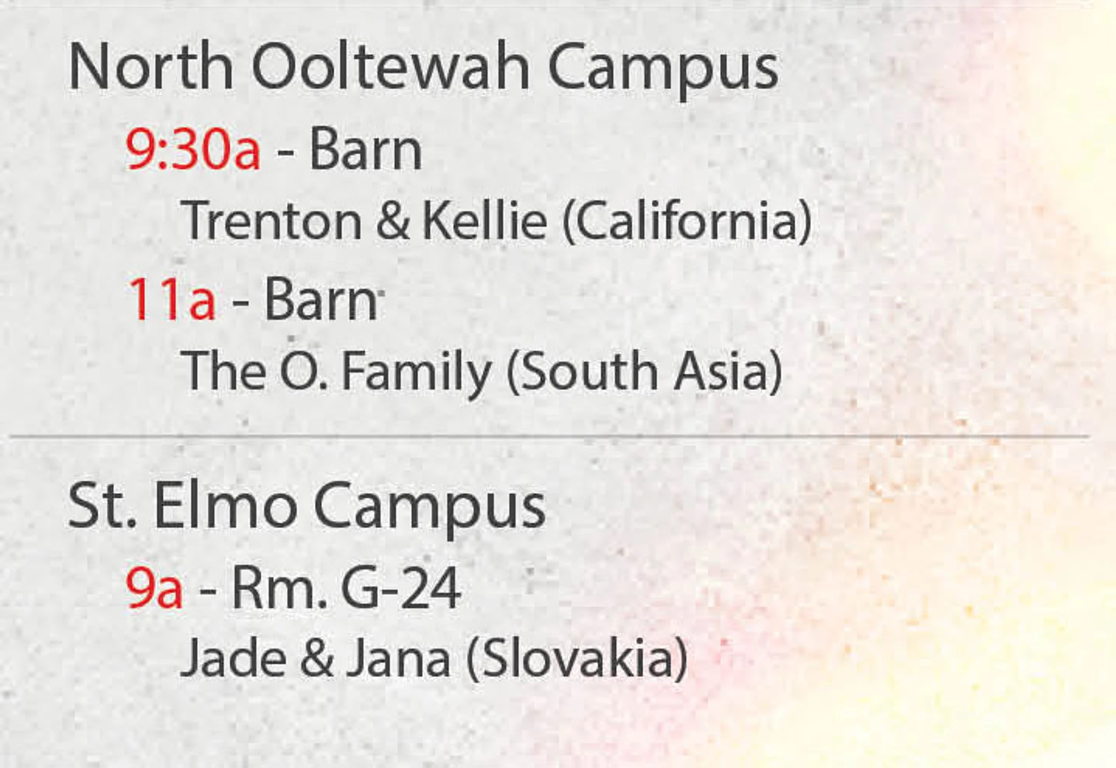 A schedule of events for two campuses. North Ooltewah Campus has events at 9:30 AM and 11 AM in the Barn. St. Elmo Campus has an event at 9 AM in Room G-24.