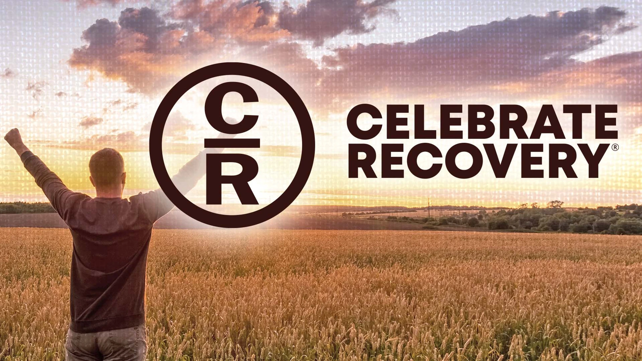 A man with his arms raised stands in a golden field at sunset. The image includes the Celebrate Recovery logo and text.