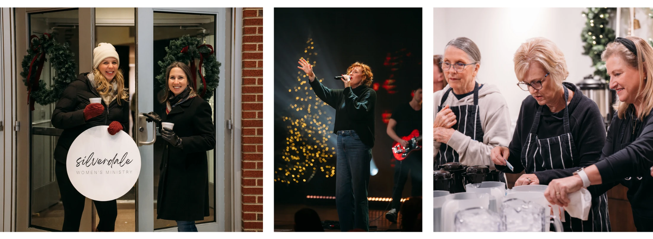 A collage of three photos from a Christmas event: women greeting at a door, a singer leading worship on stage, and women volunteering to serve refreshments.