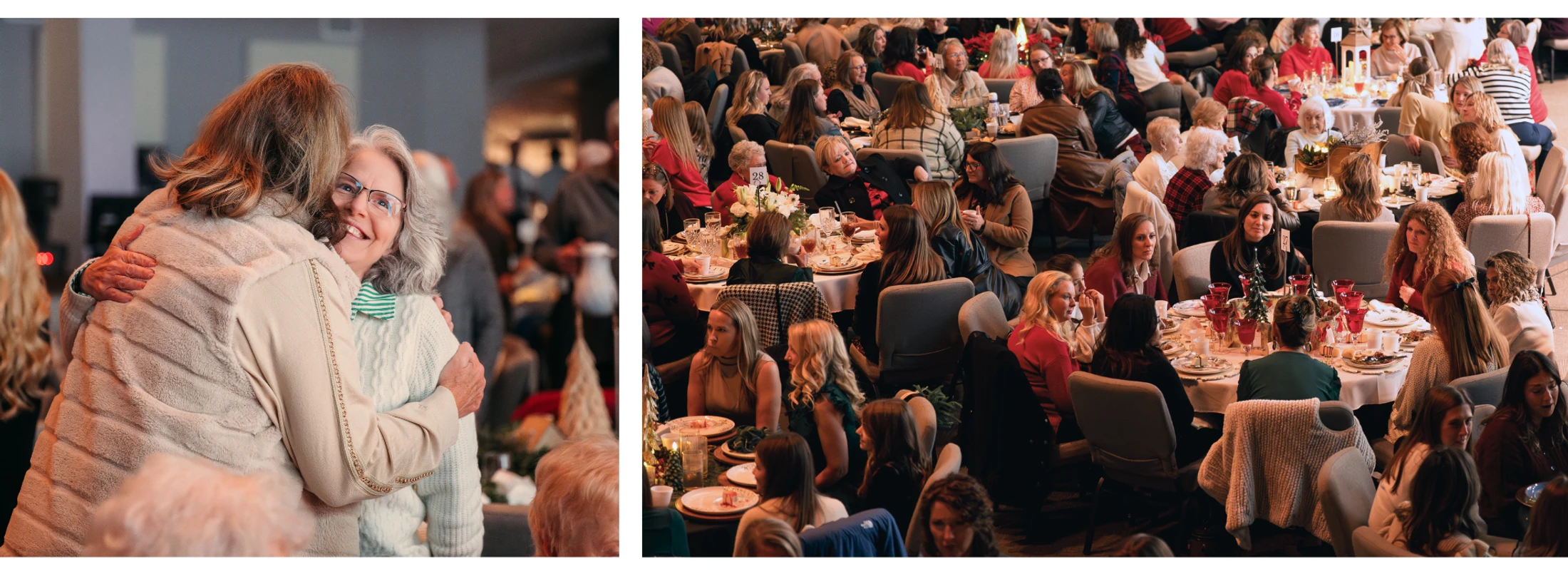 A two-panel image shows a close-up of two women hugging on the left, and on the right, a wide shot of many women at a holiday luncheon.