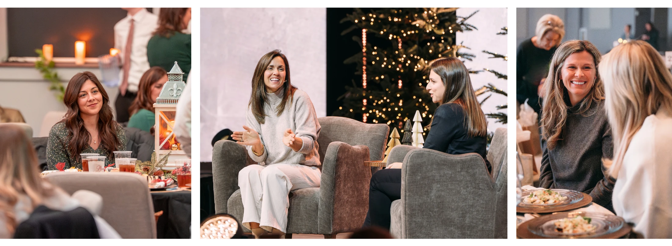 A three-panel collage shows women at a Christmas event. Left: a woman listens. Center: two women speak on stage. Right: two women talk at a dinner table.