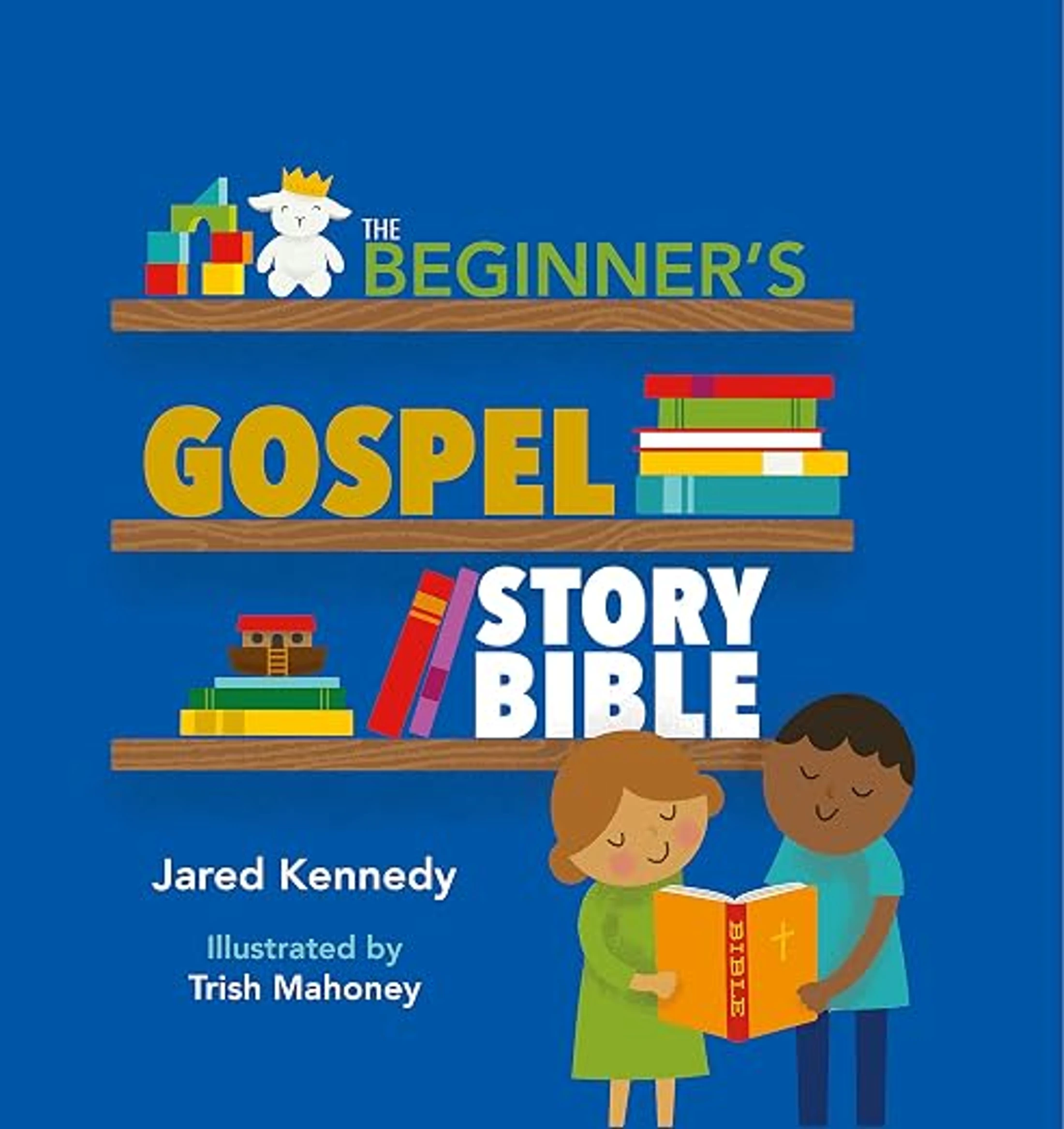 The illustrated cover of The Beginner's Gospel Story Bible, showing two children reading the Bible together in front of a blue bookshelf with toys.