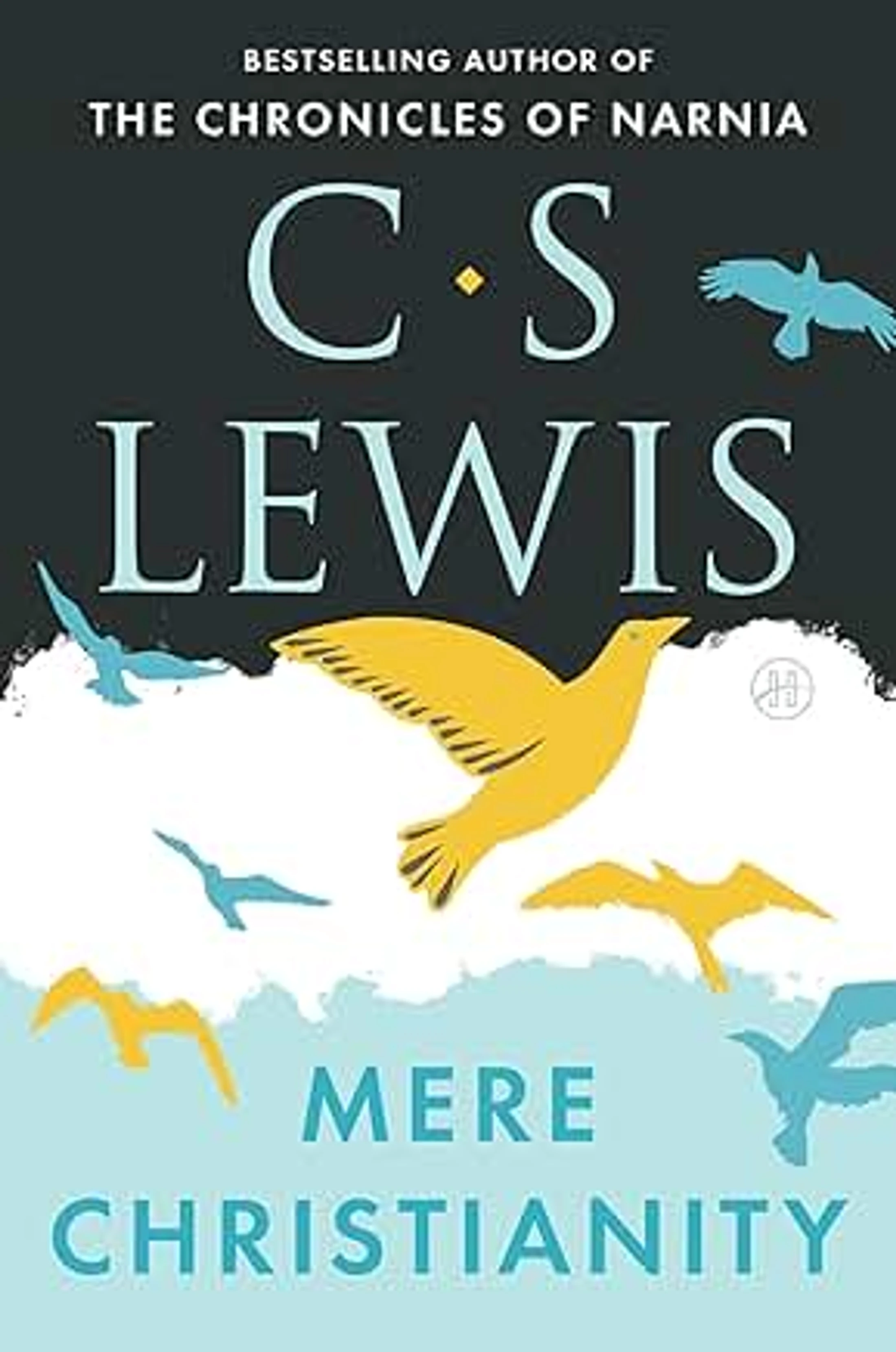 The book cover for 'Mere Christianity' by C.S. Lewis, featuring stylized yellow and blue birds flying against a dark gray and light blue background.