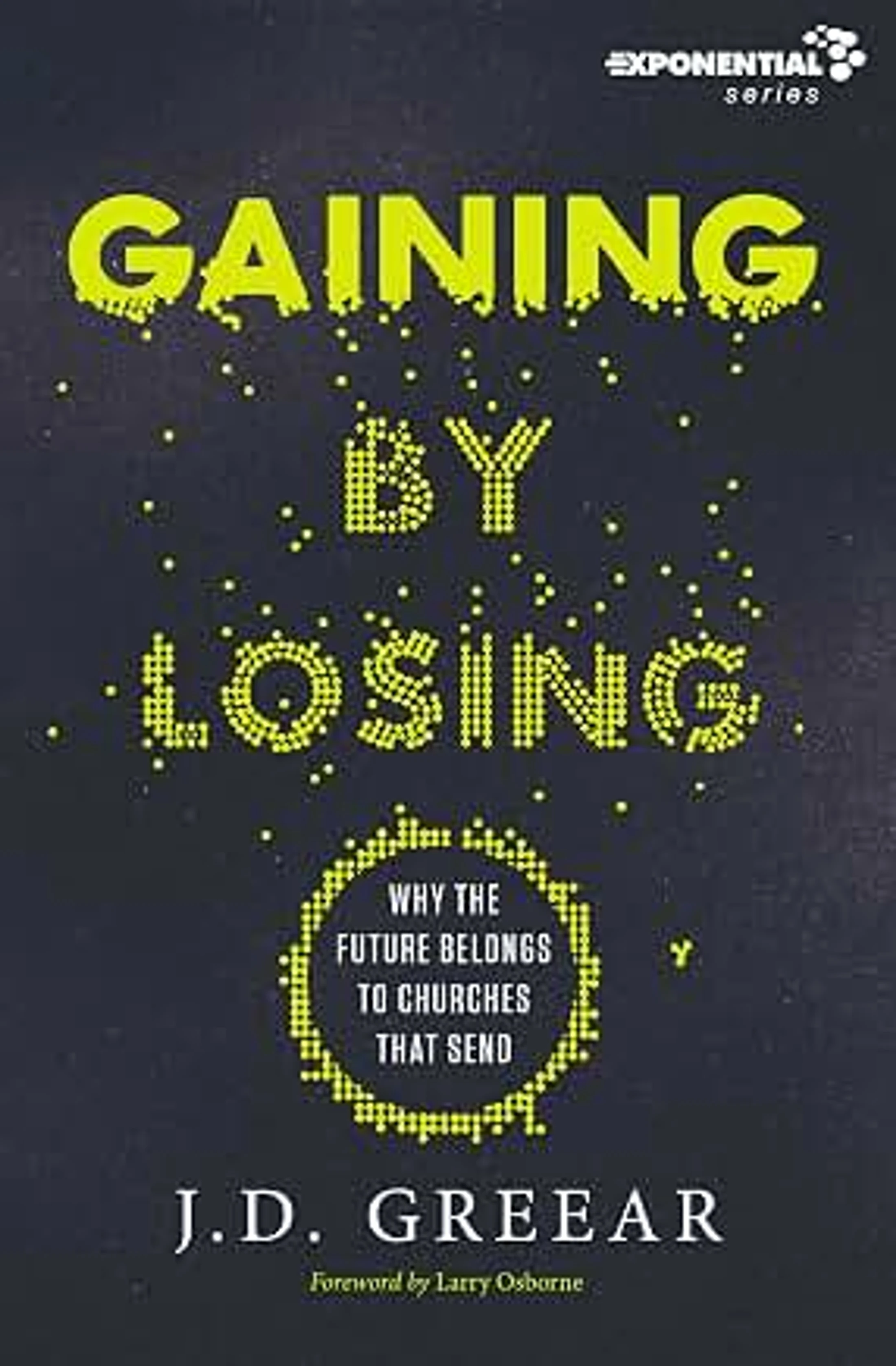 The book cover for 'Gaining by Losing'. The title is in lime green pixelated text that appears to be dissolving against a dark gray background.