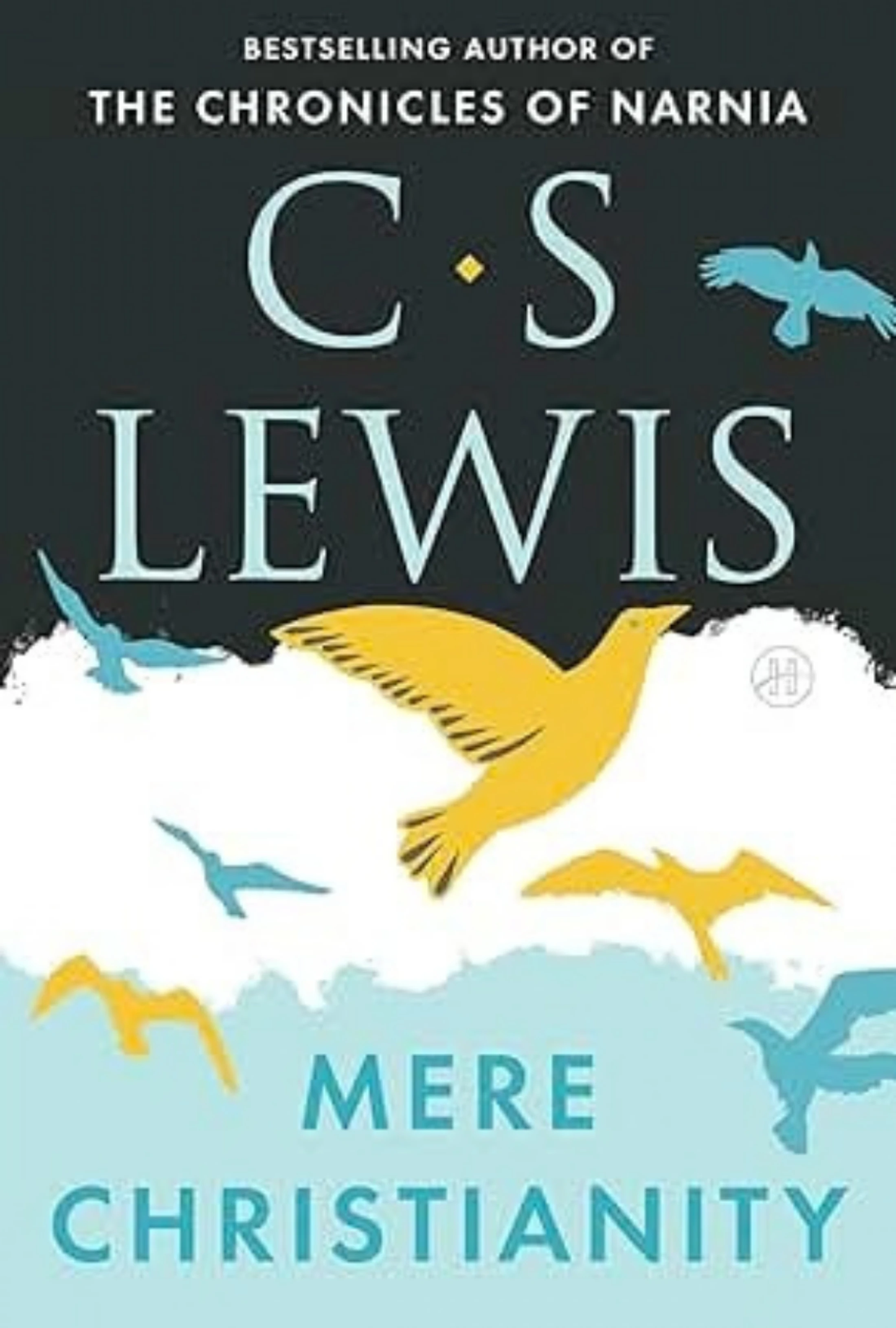 The cover of the book 'Mere Christianity' by C. S. Lewis, featuring stylized yellow and blue birds flying across a blue, white, and black background.