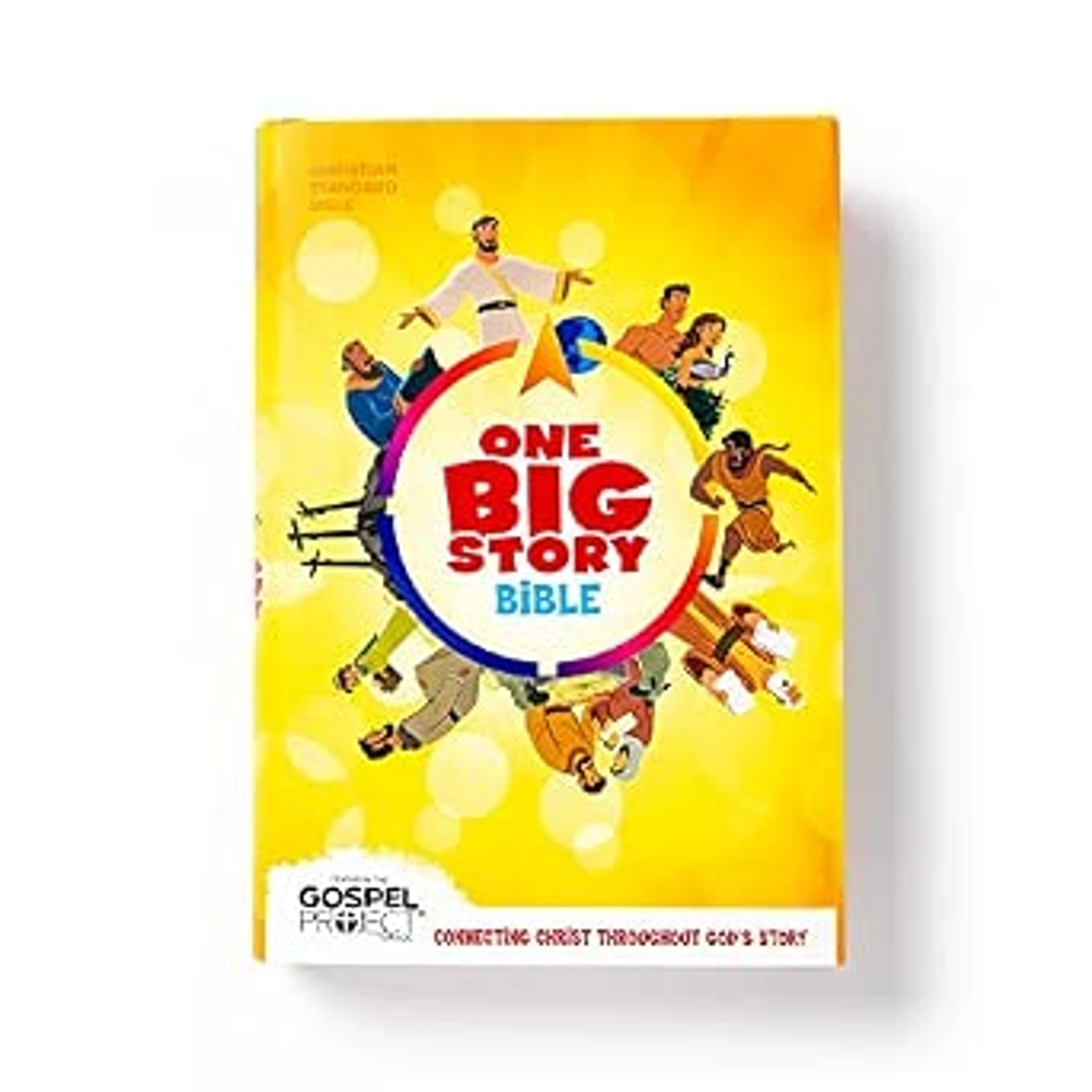 The bright yellow cover of the 'One Big Story Bible', featuring colorful cartoon illustrations of various biblical figures surrounding the title.
