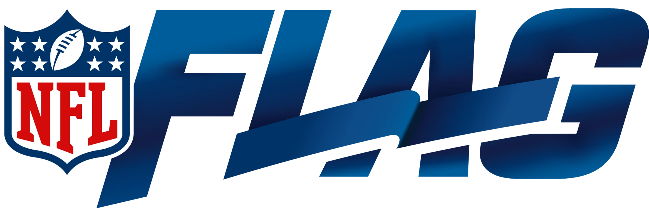 The NFL FLAG logo, featuring the official NFL shield next to the word FLAG in large, stylized blue letters with a ribbon accent on the letter L.