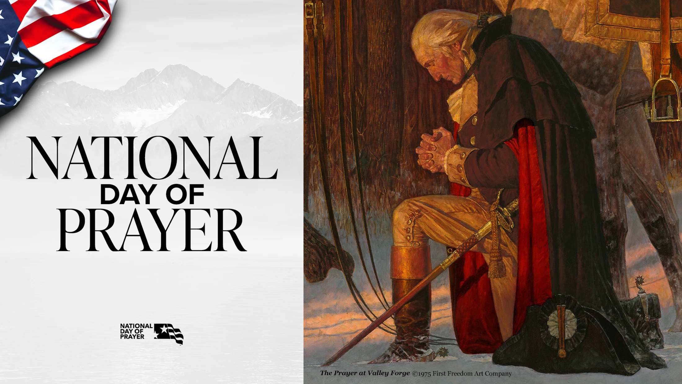 National Day of Prayer graphic with an American flag and a painting of George Washington kneeling in prayer in the snow at Valley Forge.