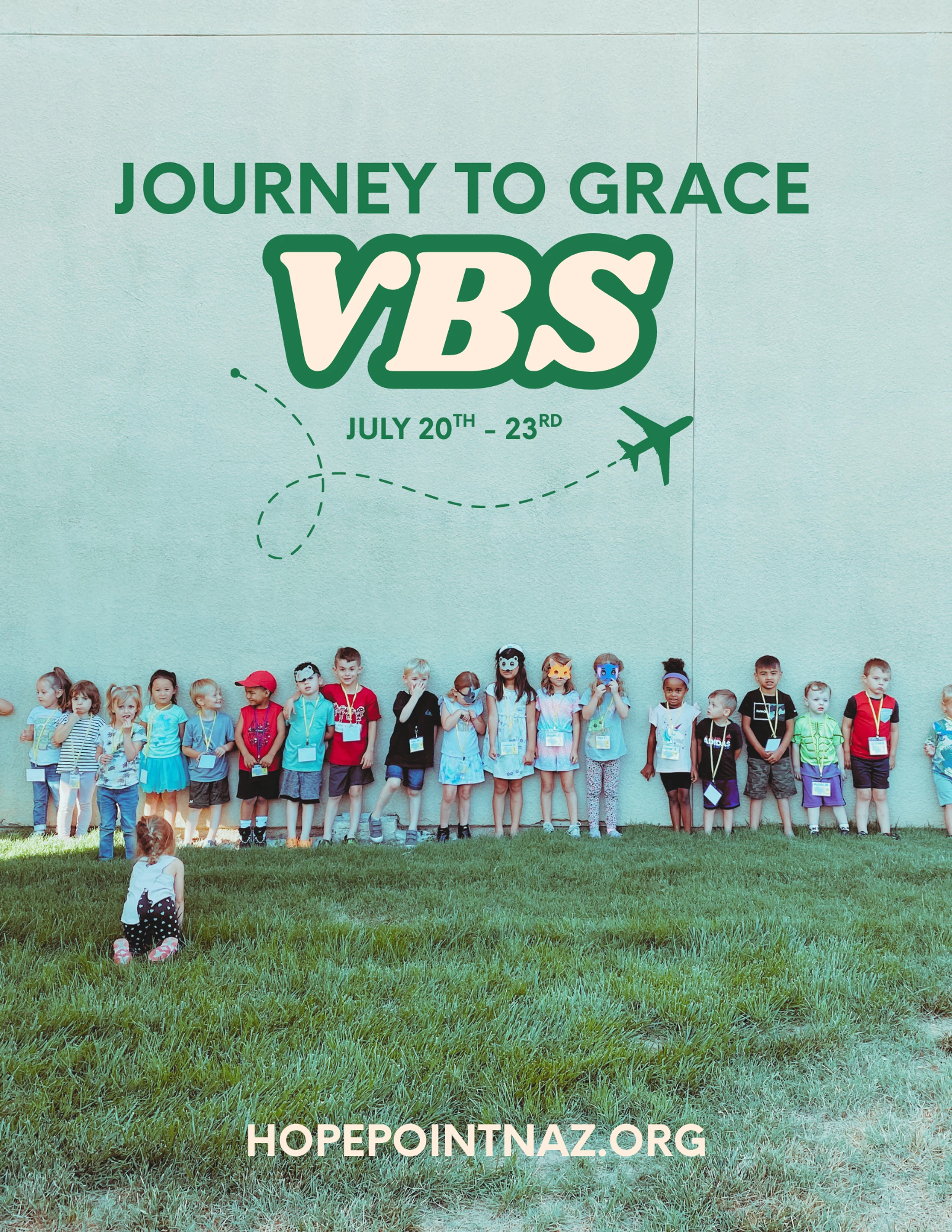 Promotional flyer for 'Journey to Grace VBS' featuring a group of children standing in a line against a wall with event details written above them.